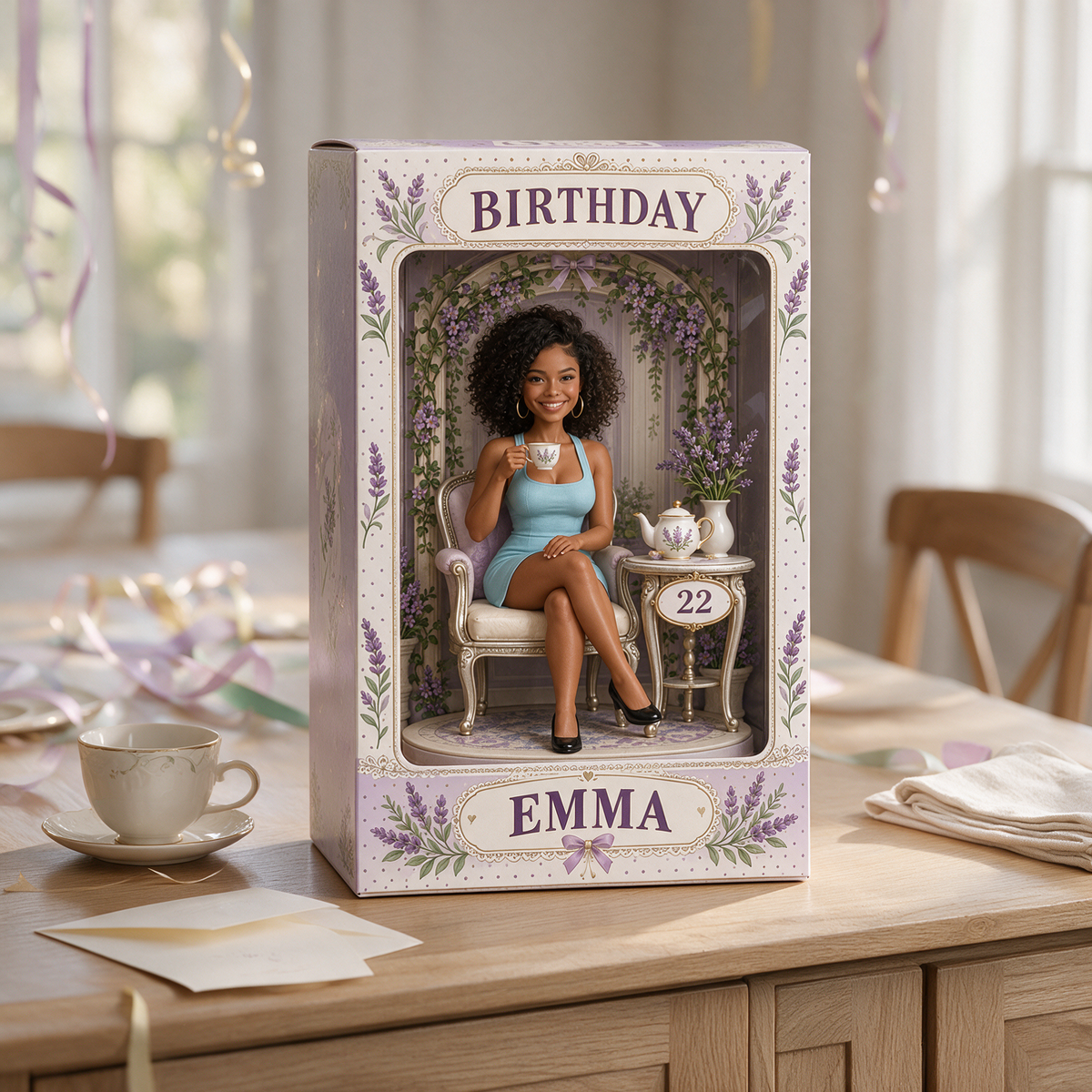 Personalized Birthday Figurine Display Box - Lavender Tea Party Photo Portrait with Custom Name and Age