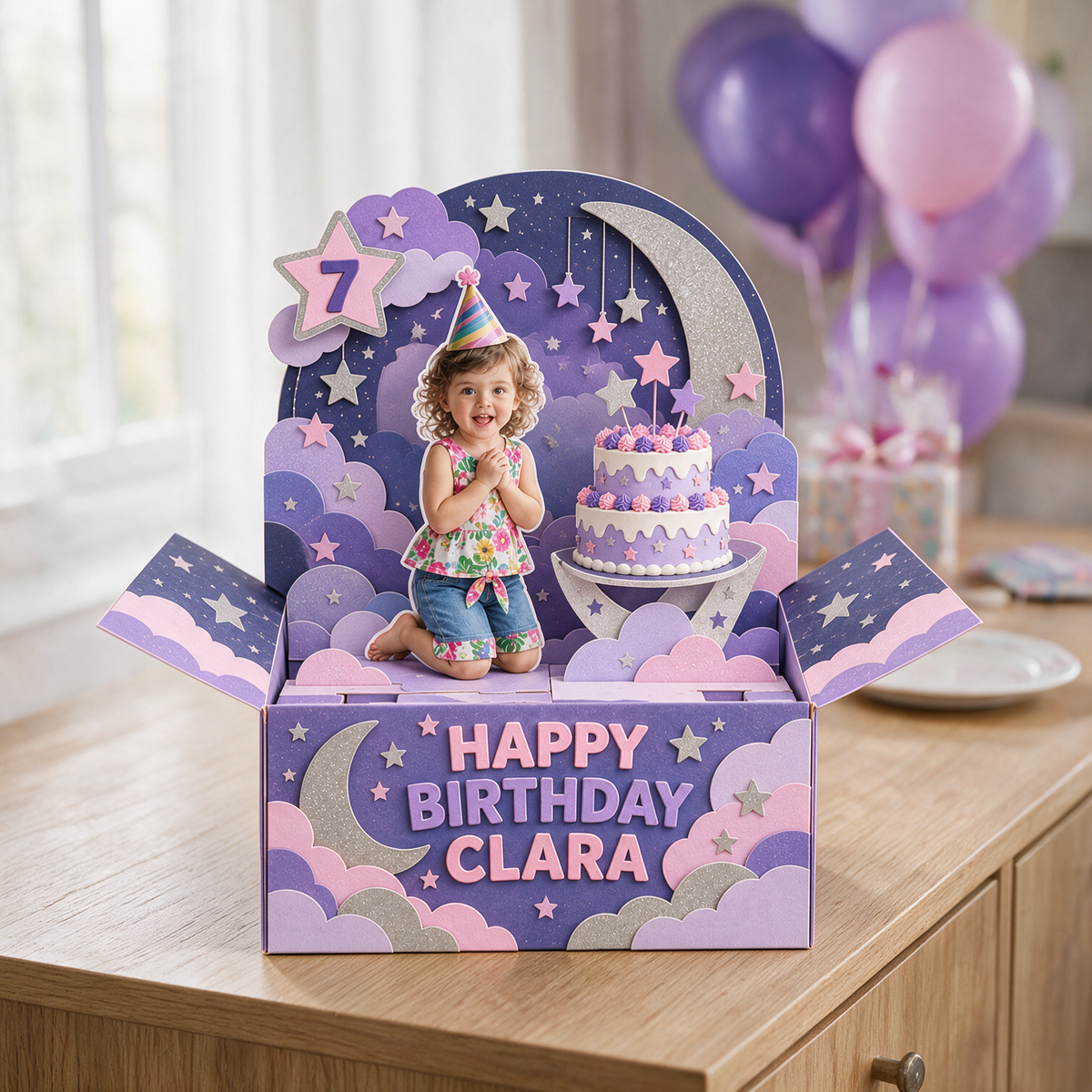 Personalized Moon and Stars Pop-Up Box Card - Birthday Cake with Custom Photo, Name and Age