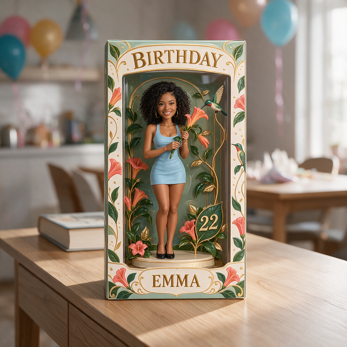 Personalized Birthday Display Box - Portrait Figurine with Hummingbird, Name and Age