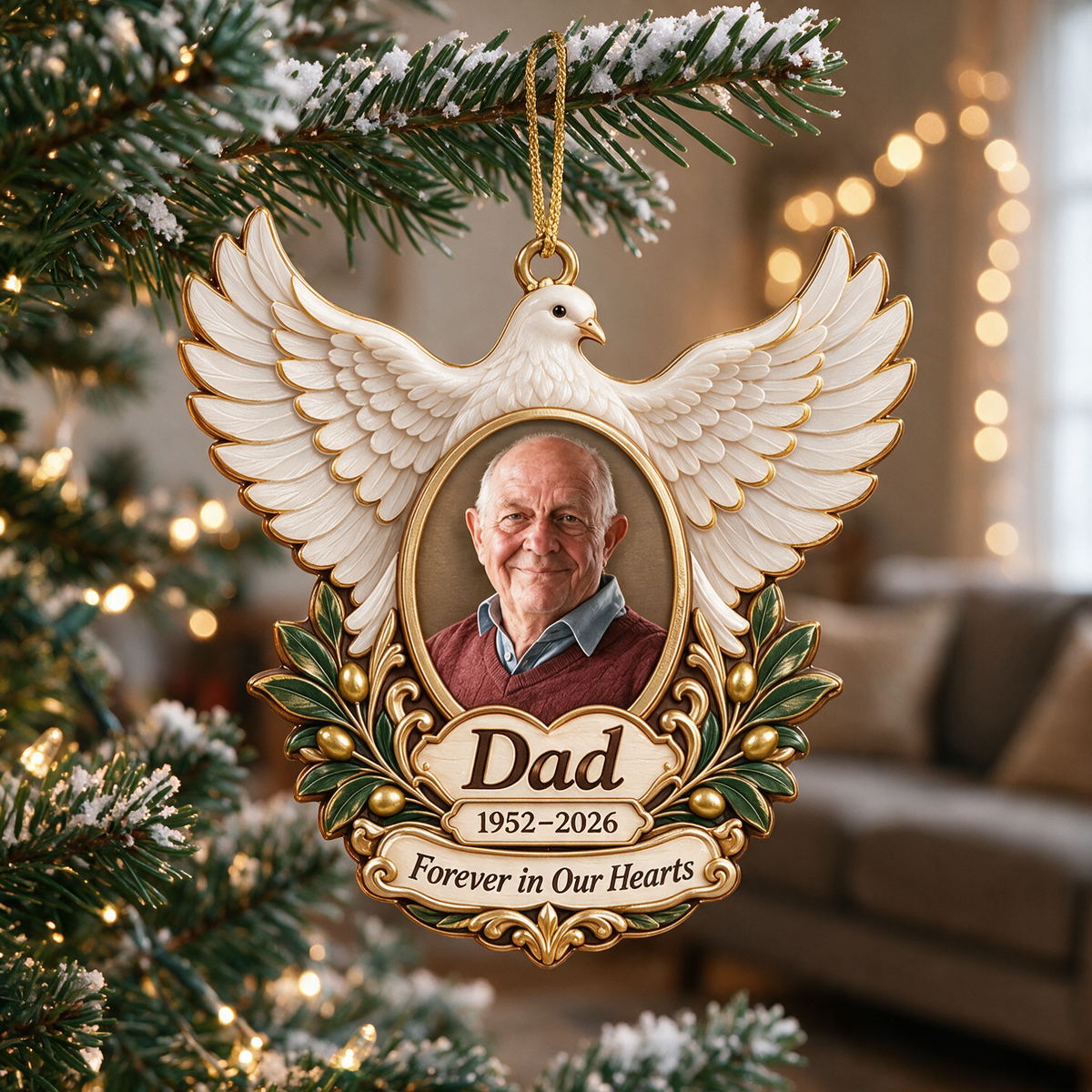 Personalized Custom Photo Dad Memorial Dove 3D Ornament - Christmas Remembrance Keepsake