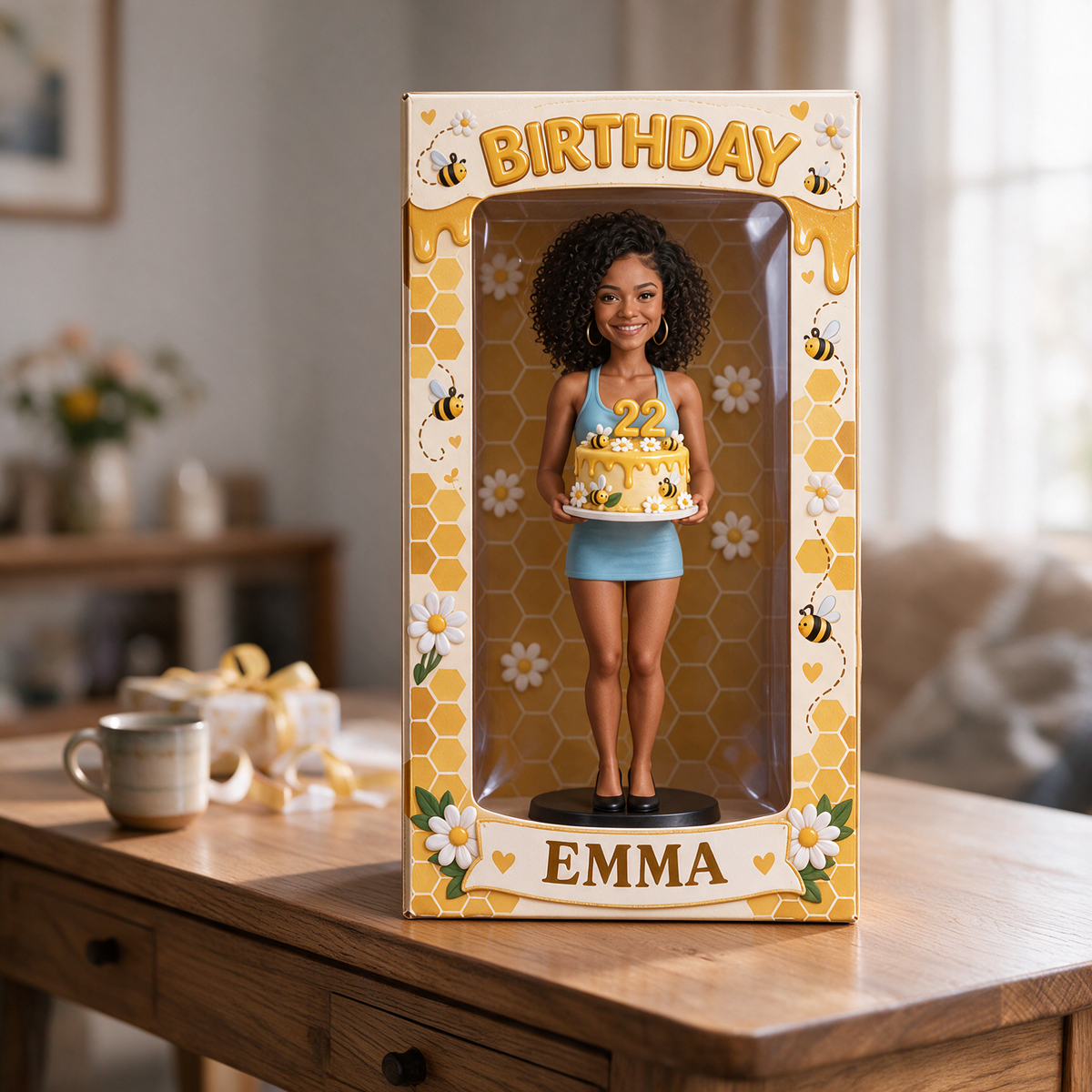 Personalized Birthday Display Box - Portrait Figurine, Bee Cake, Name and Age