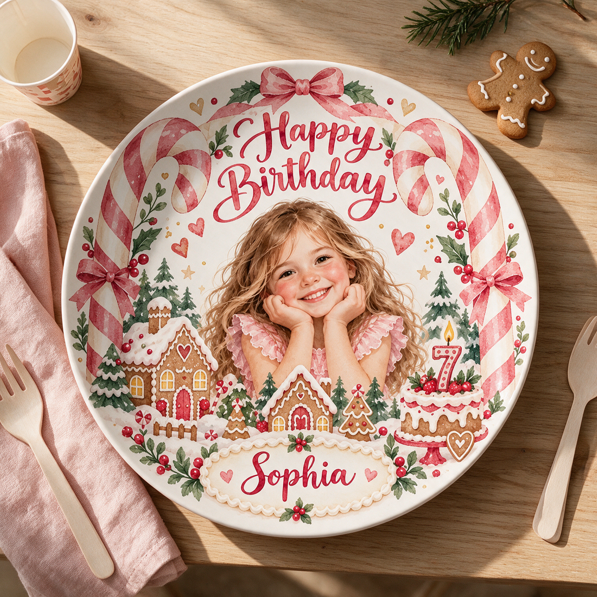 Personalized Christmas Ceramic Plate - Birthday Watercolor Portrait, Gingerbread and Candy Canes