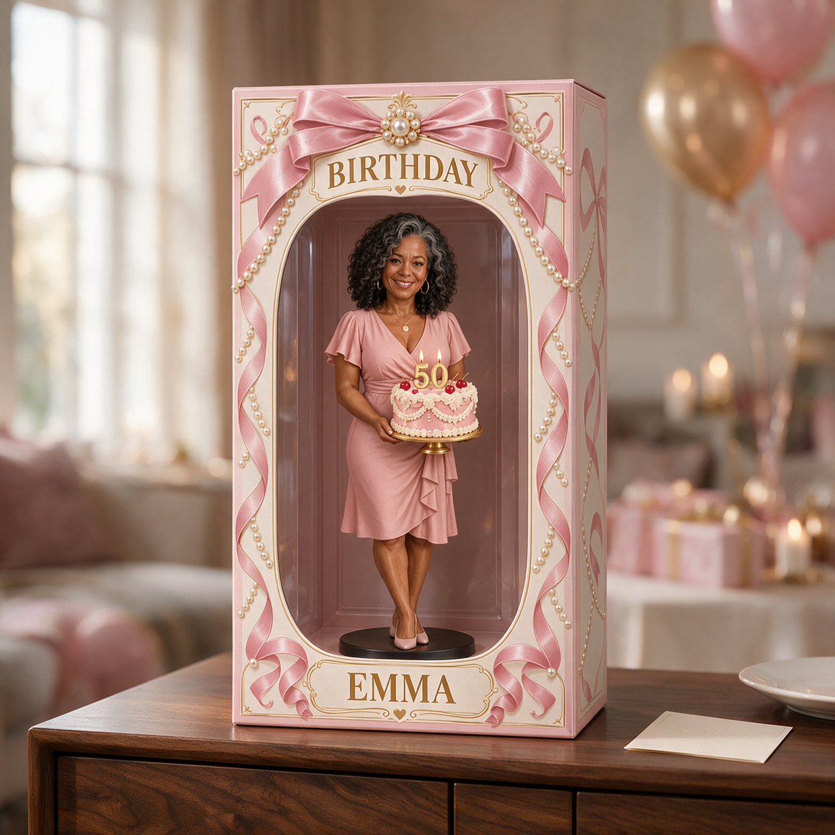 Personalized Custom Photo Pearl Bow Figurine in Acrylic Display Box - 50th Birthday Gift for Women