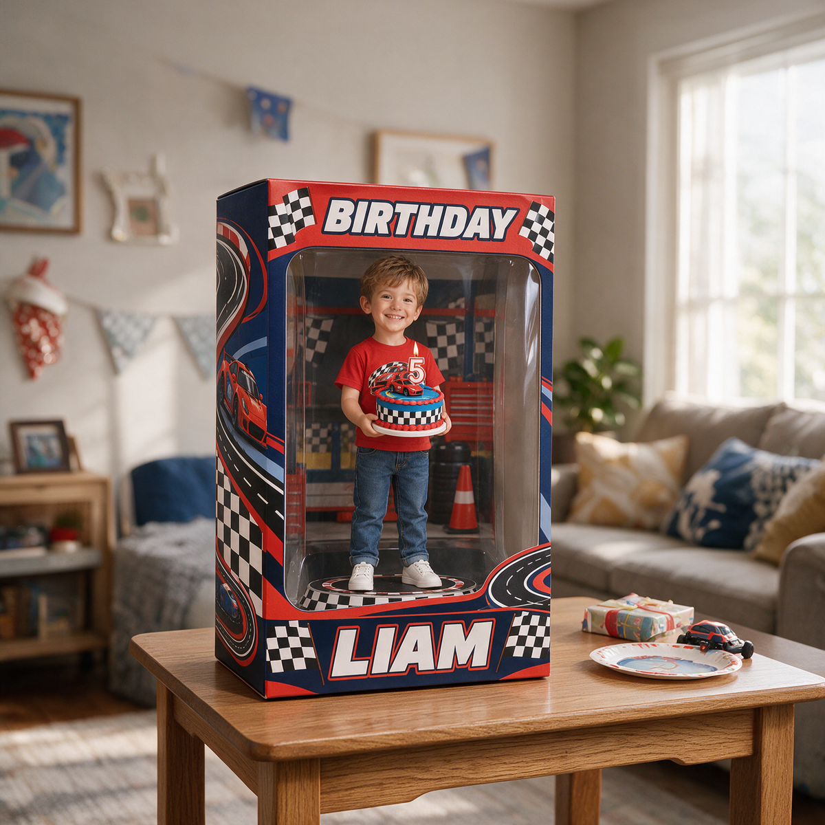 Boîte d'affichage acrylique personnalisée avec photo de voiture de course - Cadeau d'anniversaire pour garçon de 5 ans