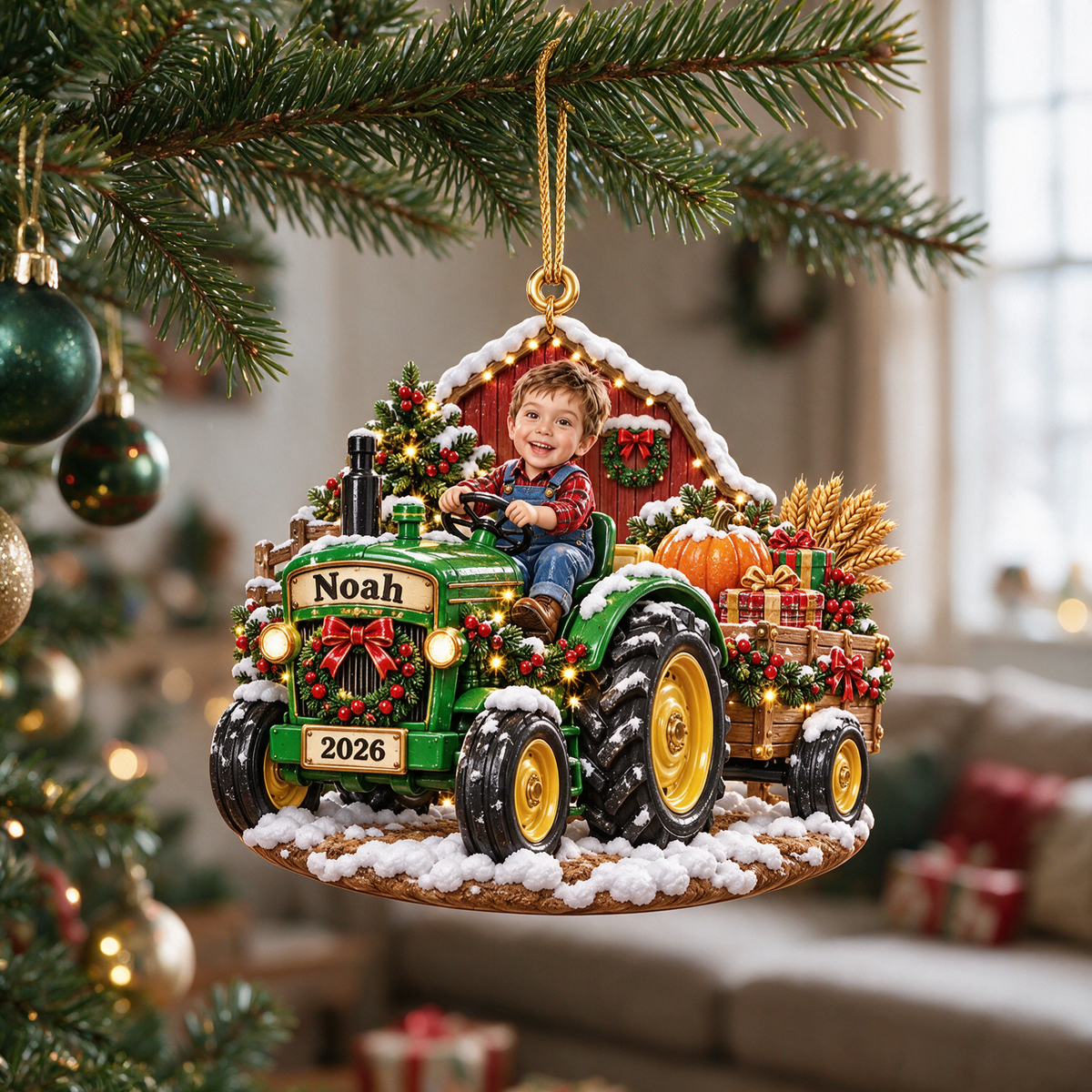 Personalized Custom Photo Tractor 3D Ornament - 2026 Christmas Gift for Boys
