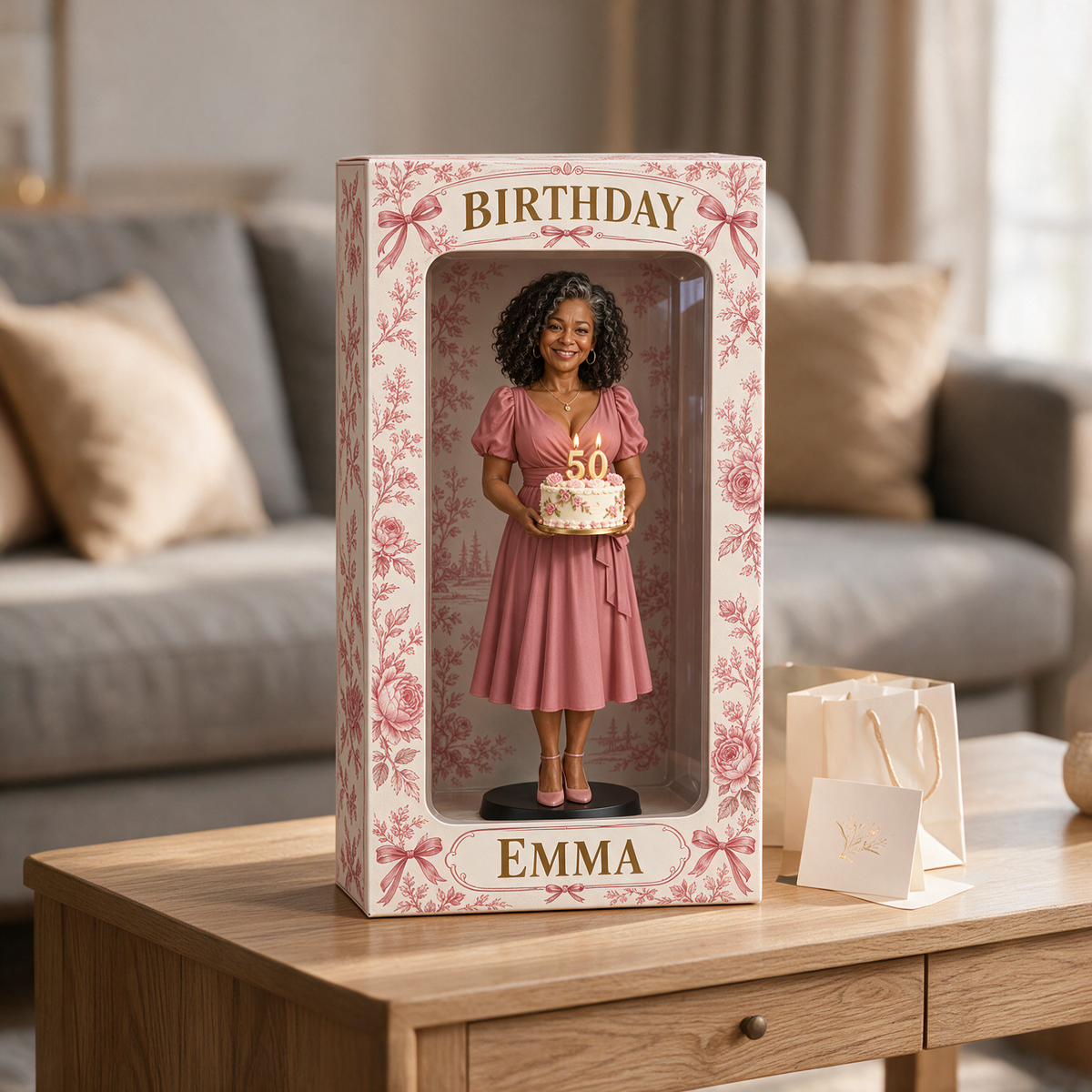 Personalized Custom Photo Pink Toile Figurine Display Box - 50th Birthday Gift for Women