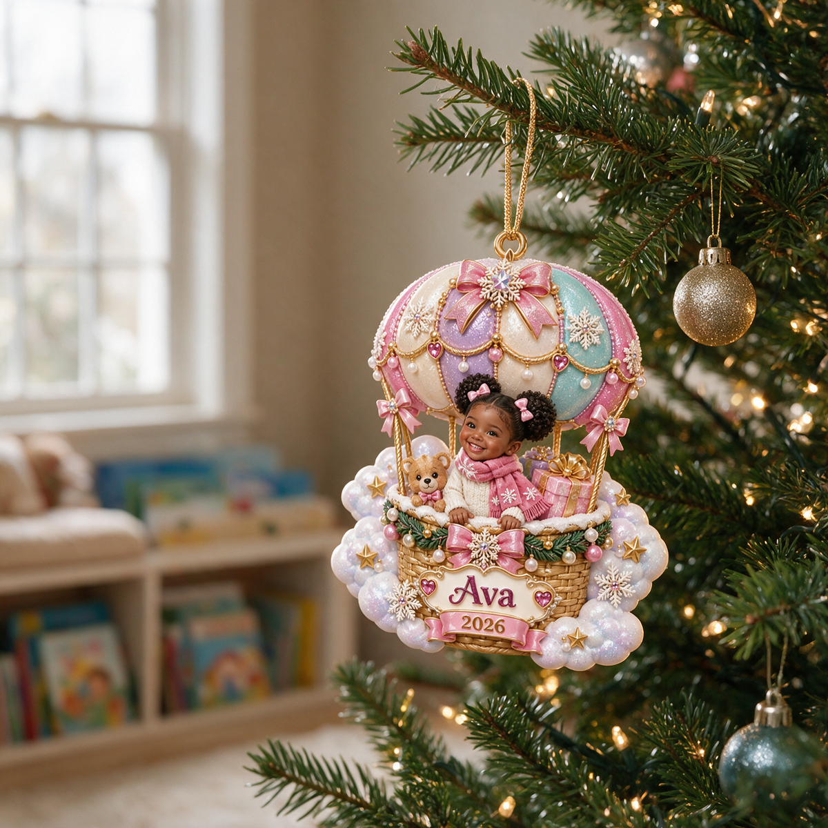 Personalized Custom Photo Hot Air Balloon 3D Ornament - 2026 Christmas Gift for Little Girls