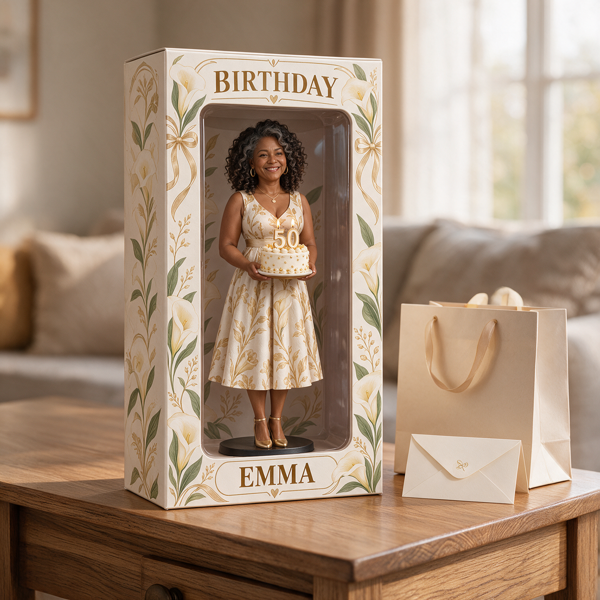 Boîte d'affichage figurine Calla Lily photo personnalisée - Cadeau d'anniversaire 50 ans pour femmes