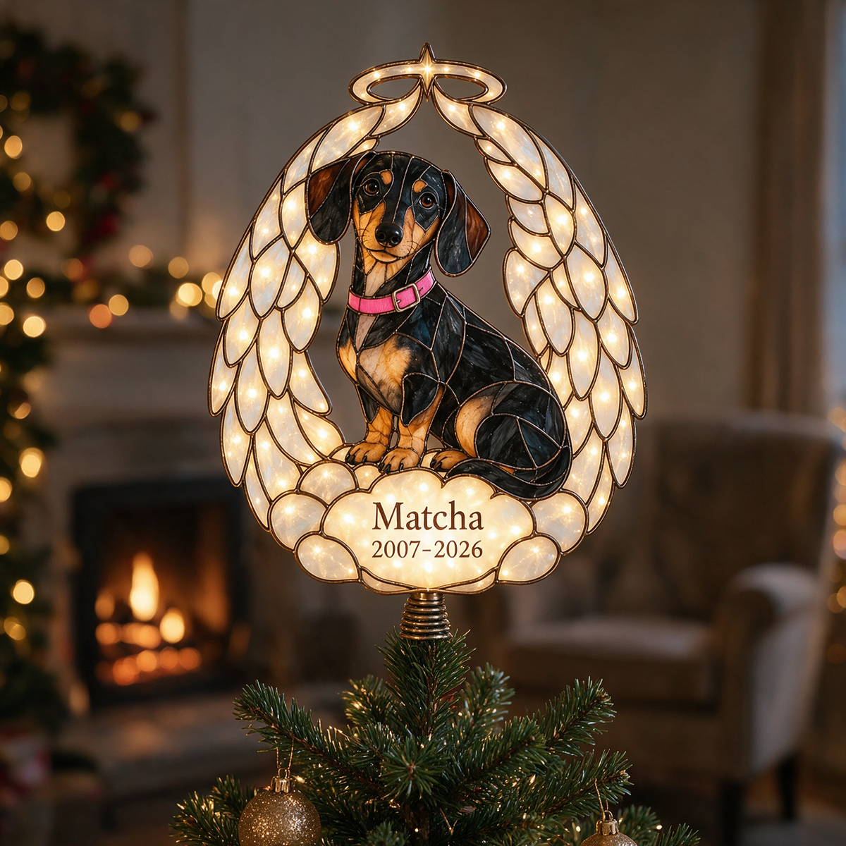 Personalized Dog Memorial Angel Wings Christmas Tree Topper