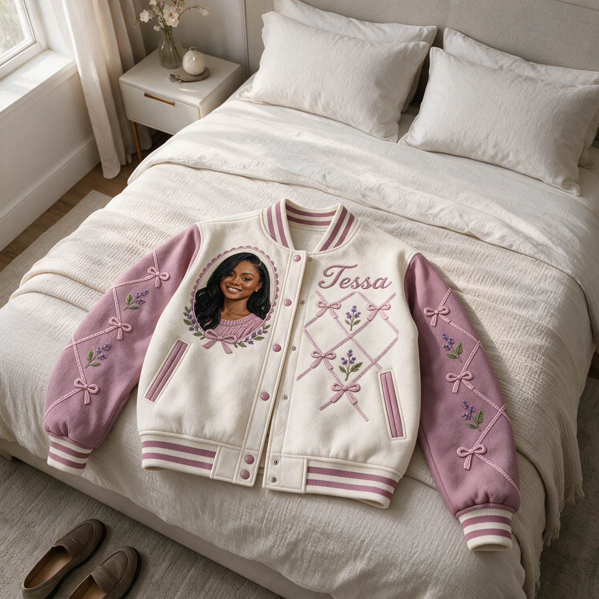 Personalized Birthday Varsity Jacket - Bow Lattice Portrait and Name