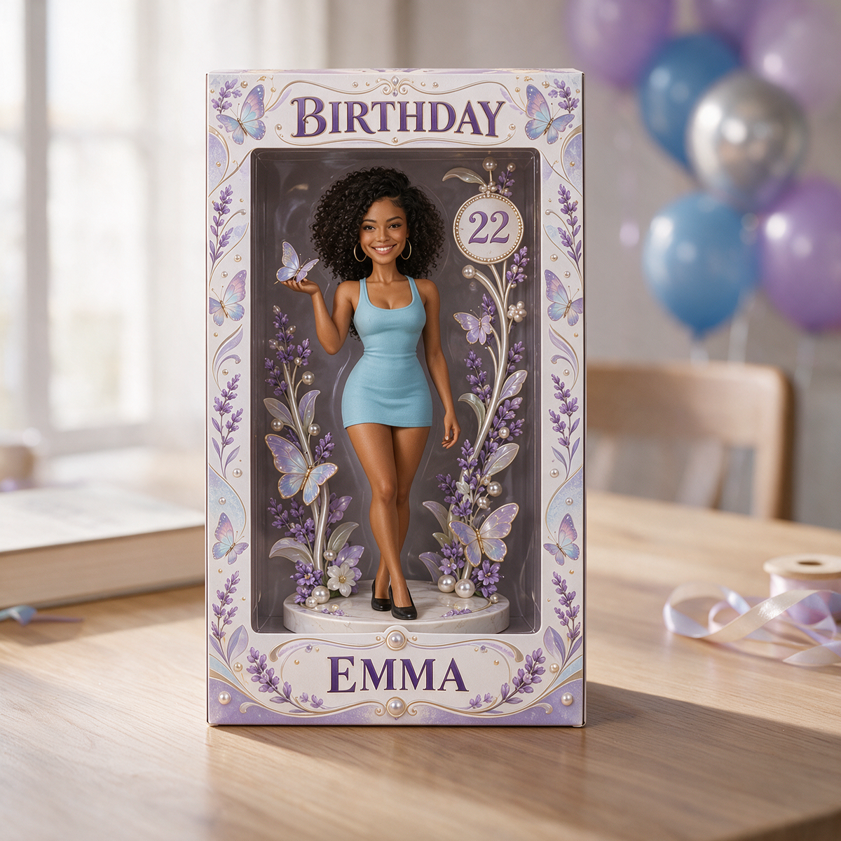 Boîte d'Affichage d'Anniversaire Personnalisée - Figurine Portrait avec Papillon Lavande, Nom et Âge