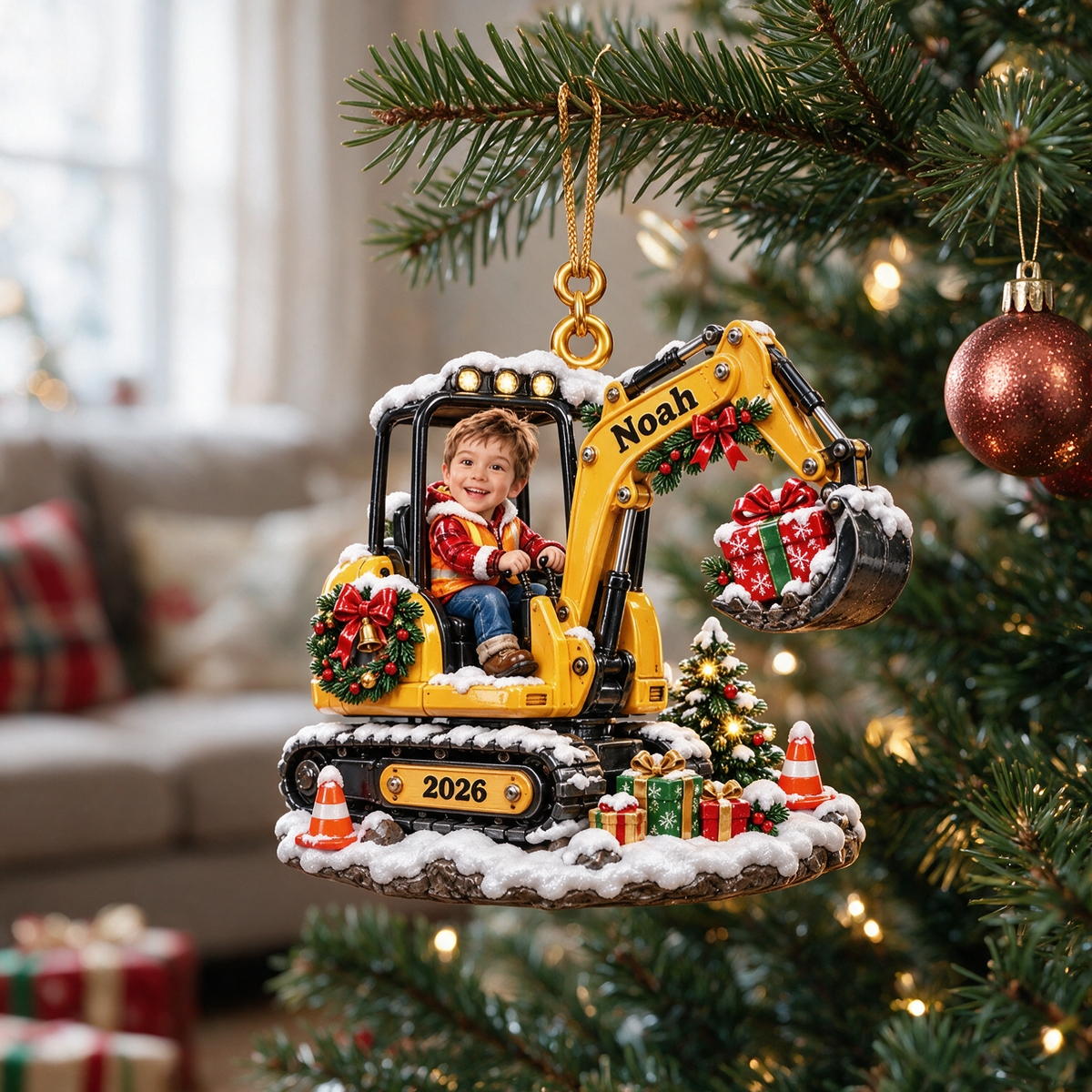 Personalized Custom Photo Excavator 3D Ornament - 2026 Christmas Gift for Boys