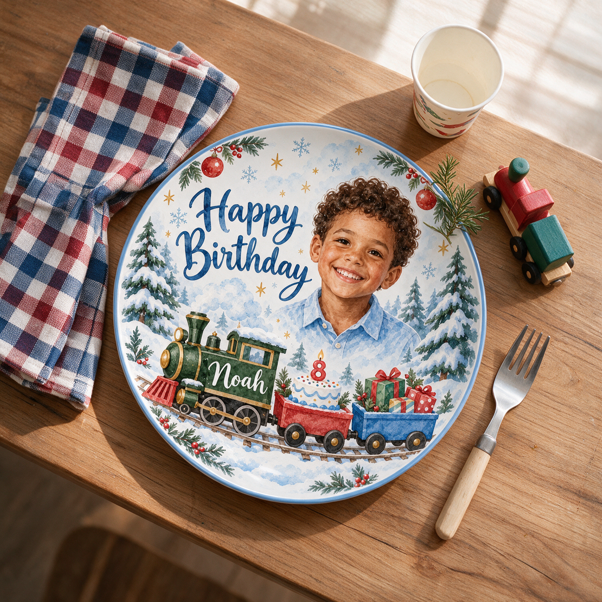 Personalized Christmas Train Ceramic Plate - Birthday Watercolor Portrait, Custom Name and Age