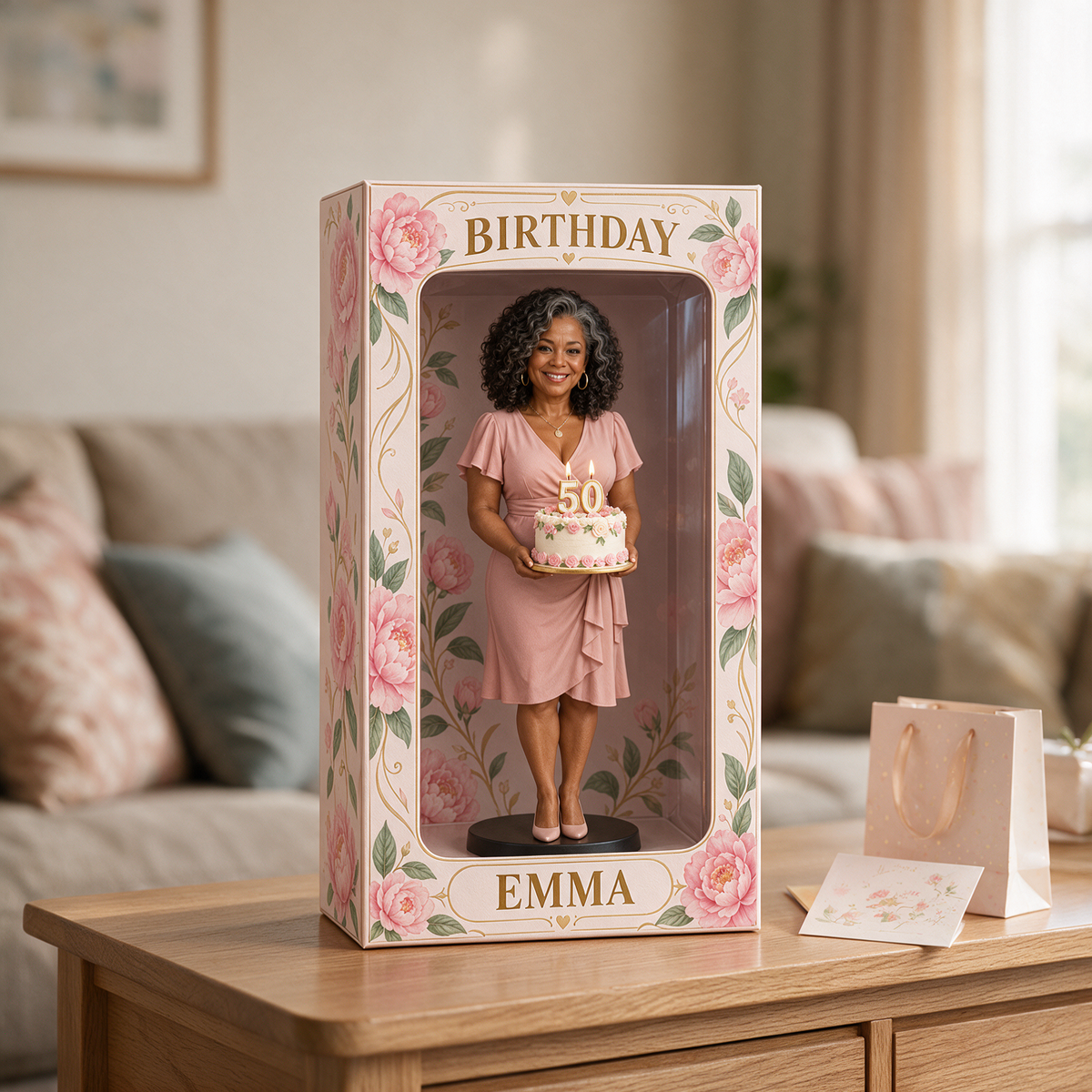 Boîte d'affichage figurine photo personnalisée Pivoine Rose - Cadeau d'anniversaire pour femmes