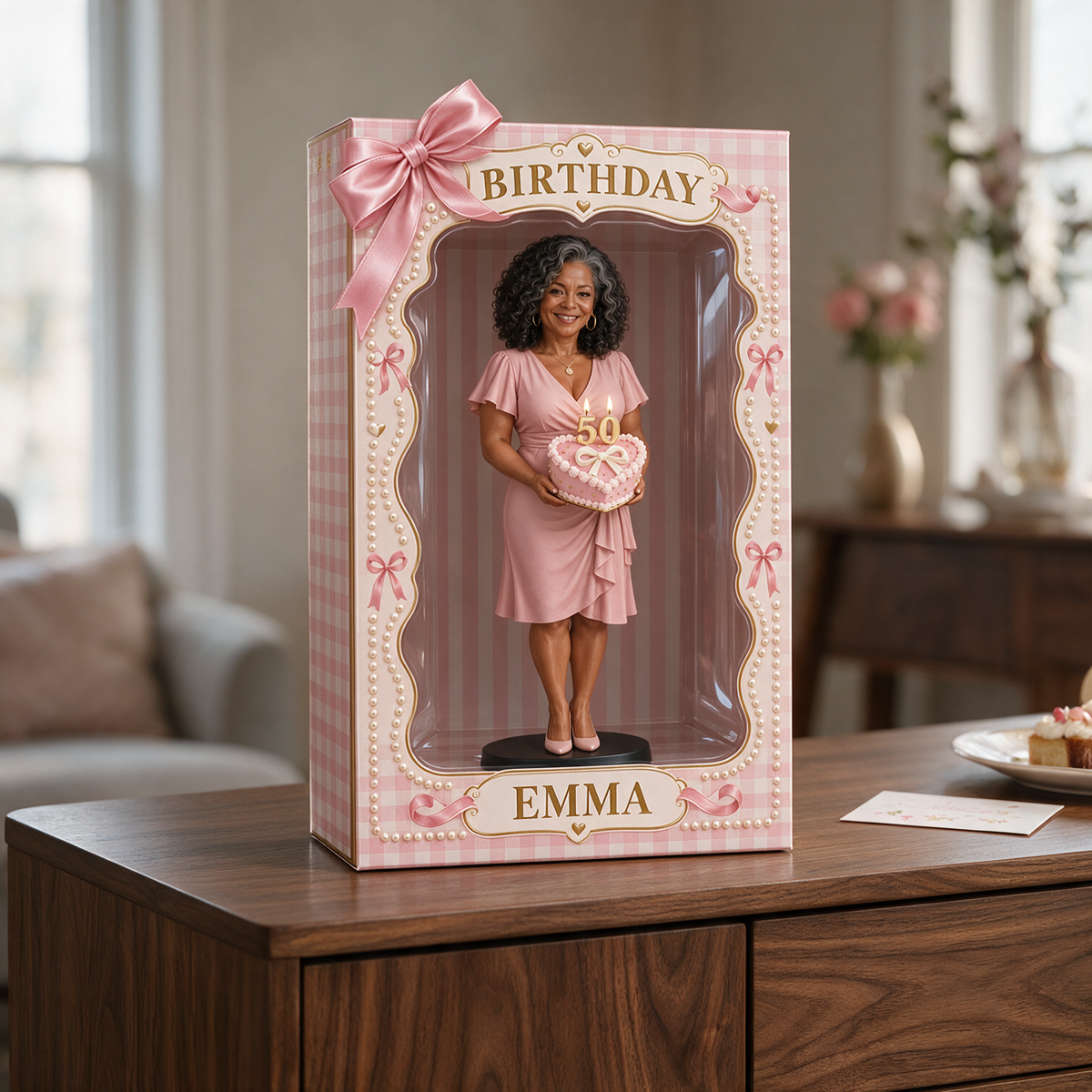 Personalized Custom Photo Pink Bow Figurine in Acrylic Display Box - 50th Birthday Gift for Women