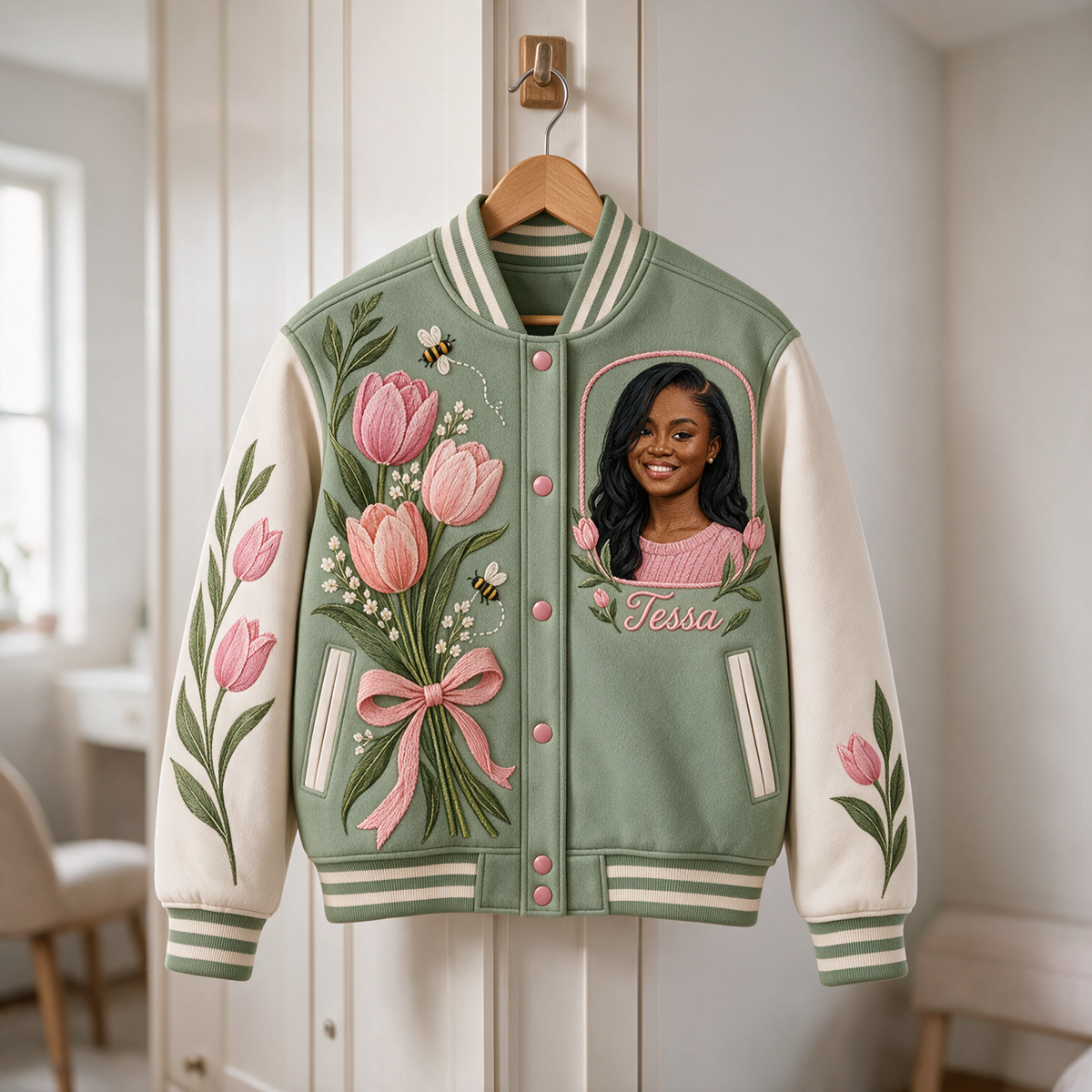 Personalized Tulip Bow Varsity Jacket - Women's Birthday Gift with Portrait and Name