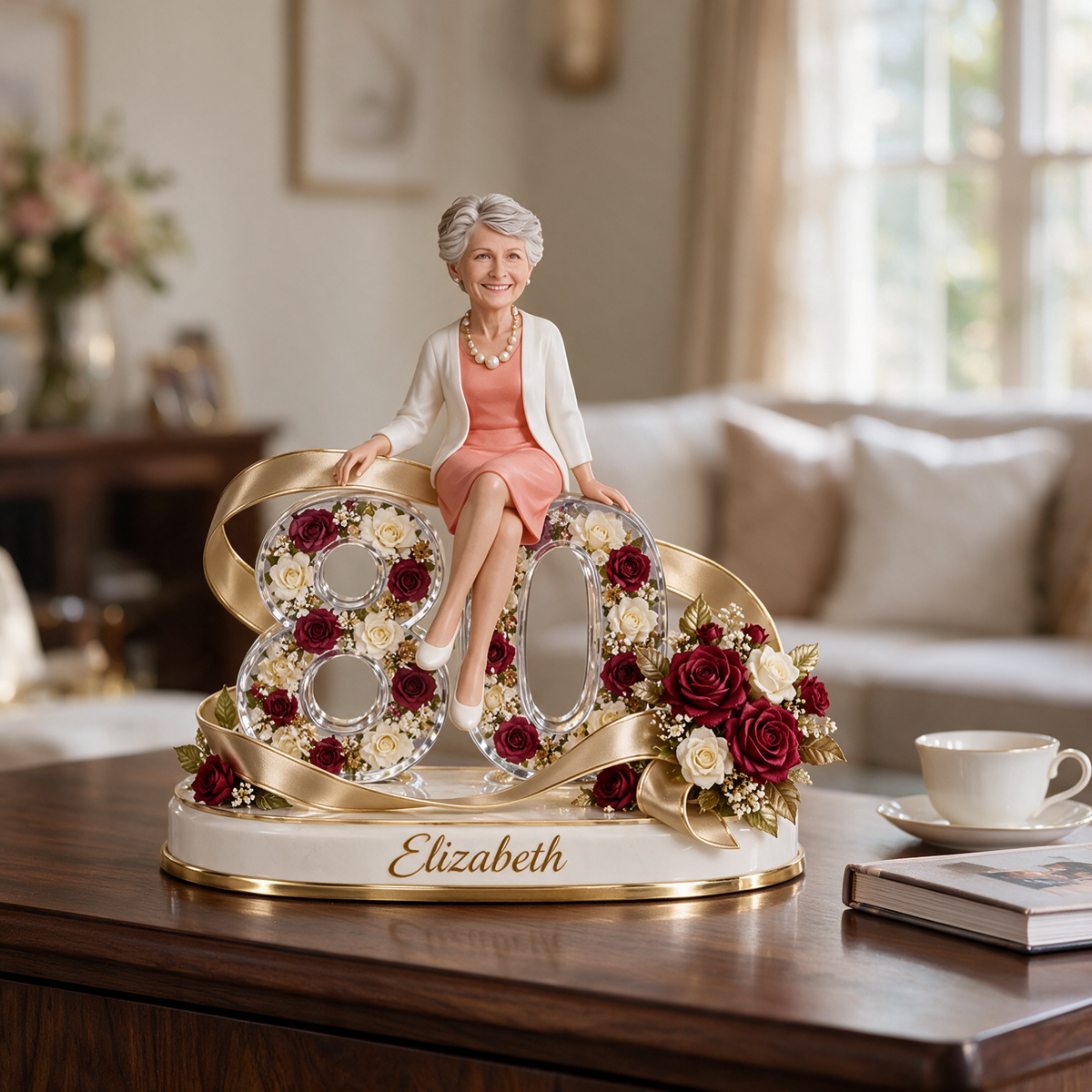 Figurine d'anniversaire personnalisée - Portrait sur mesure, cadeau souvenir en rose et ruban