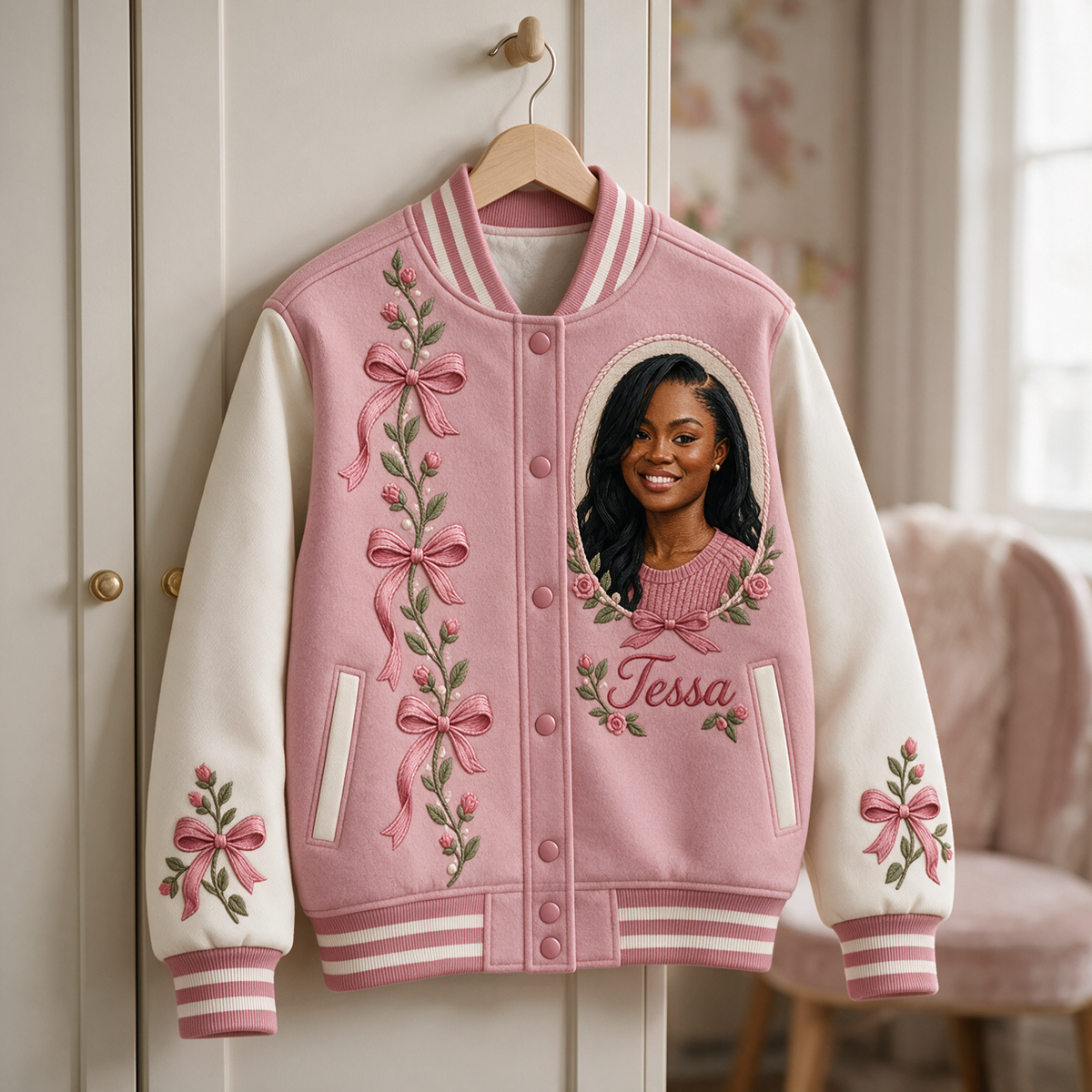 Personalized Rose Bow Varsity Jacket - Women's Birthday Gift with Portrait and Name