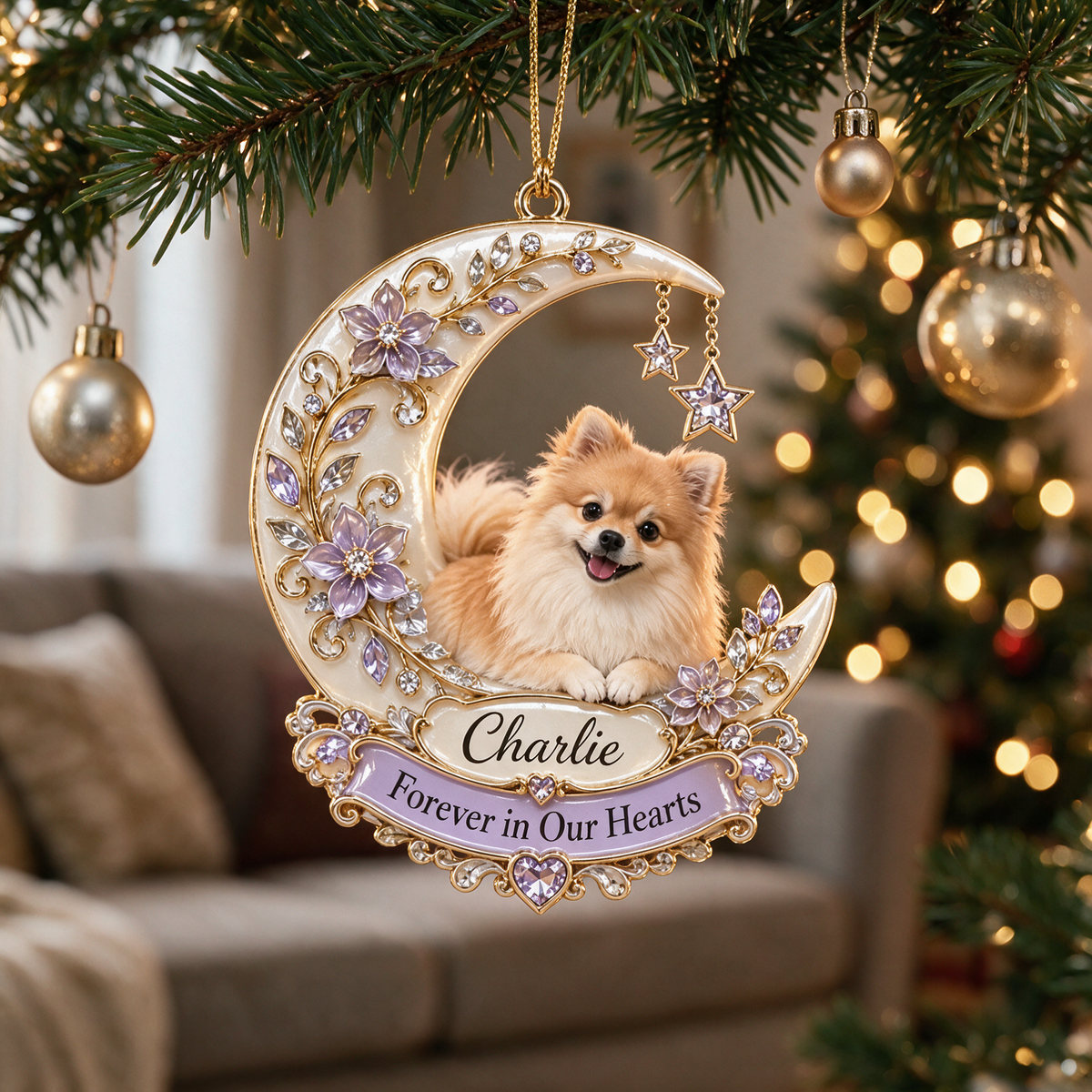 Personalized Custom Photo Pomeranian Memorial 3D Crescent Moon Ornament - Christmas Dog Lover Gift