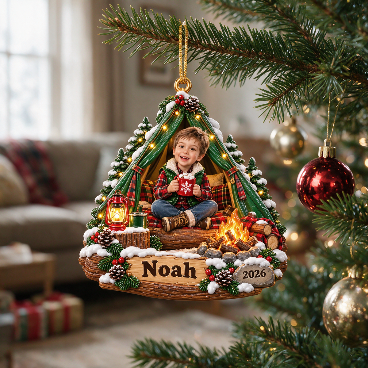 Personalized Custom Photo Camping 3D Ornament - 2026 Christmas Gift for Boys