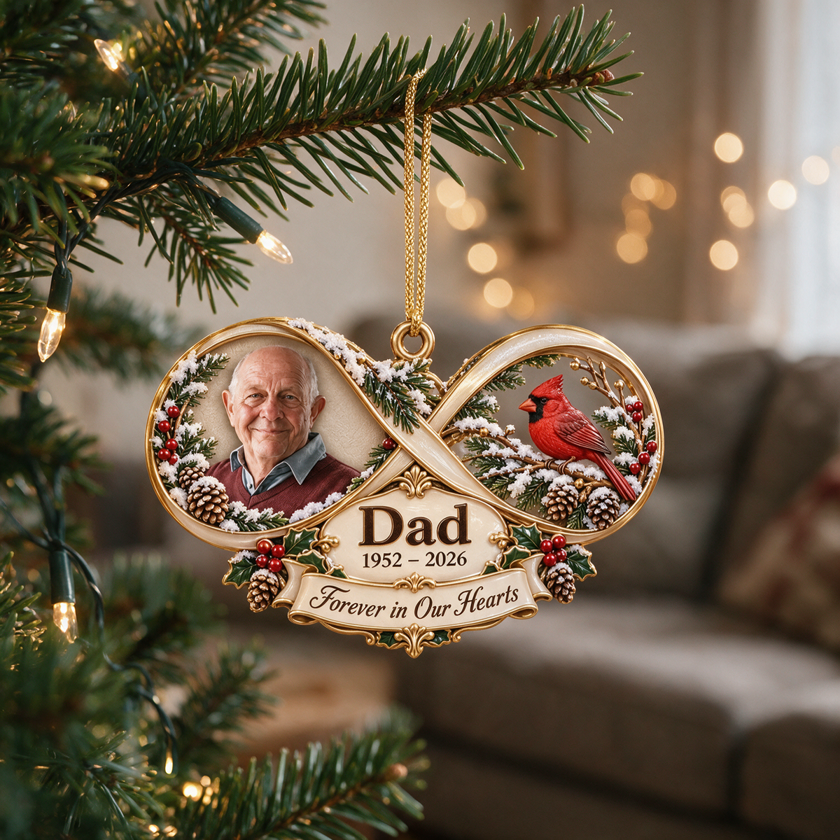 Personalized Custom Photo Dad Memorial Infinity Cardinal 3D Ornament - Christmas Remembrance Keepsake