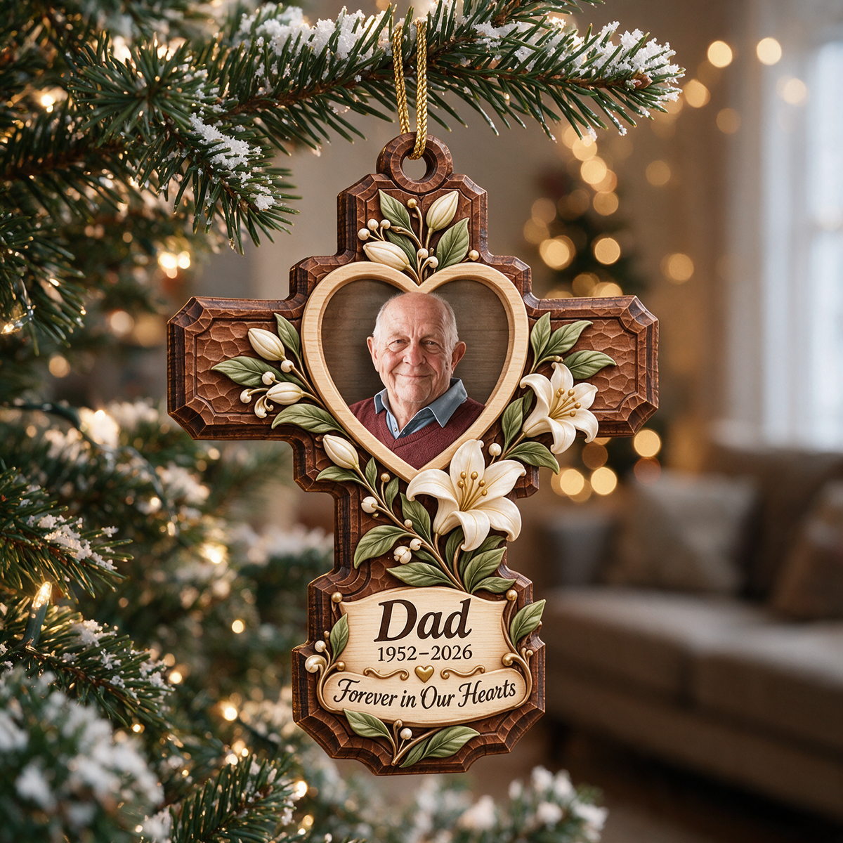 Personalized Custom Photo Dad Memorial Cross Layered Wood Ornament - Christmas Remembrance Keepsake