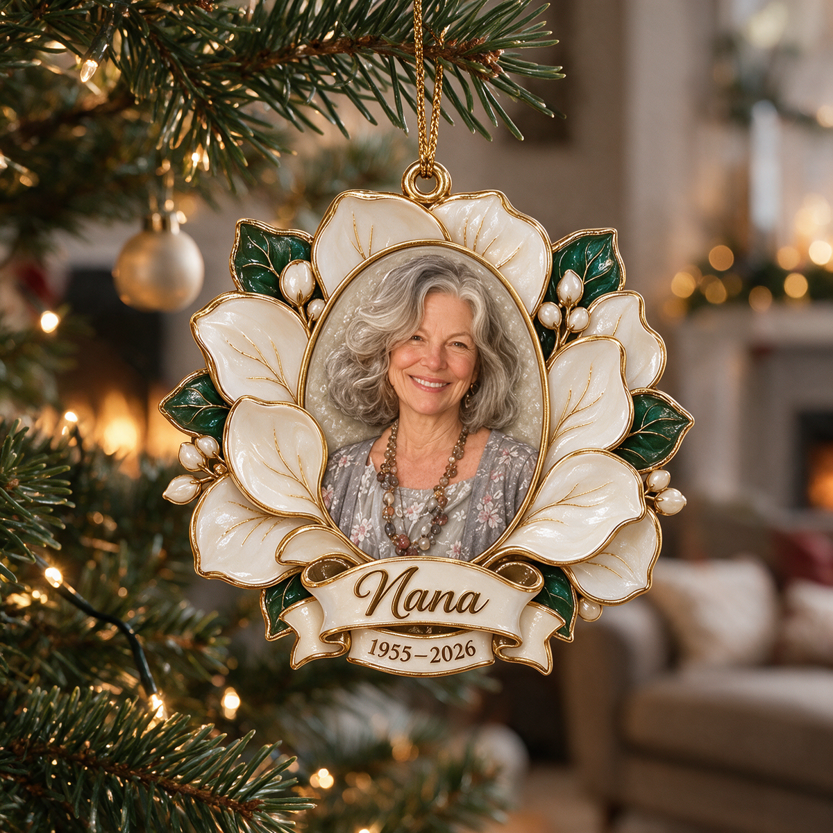 Personalized Custom Photo Magnolia Memorial 3D Christmas Ornament - Grandmother Remembrance Keepsake