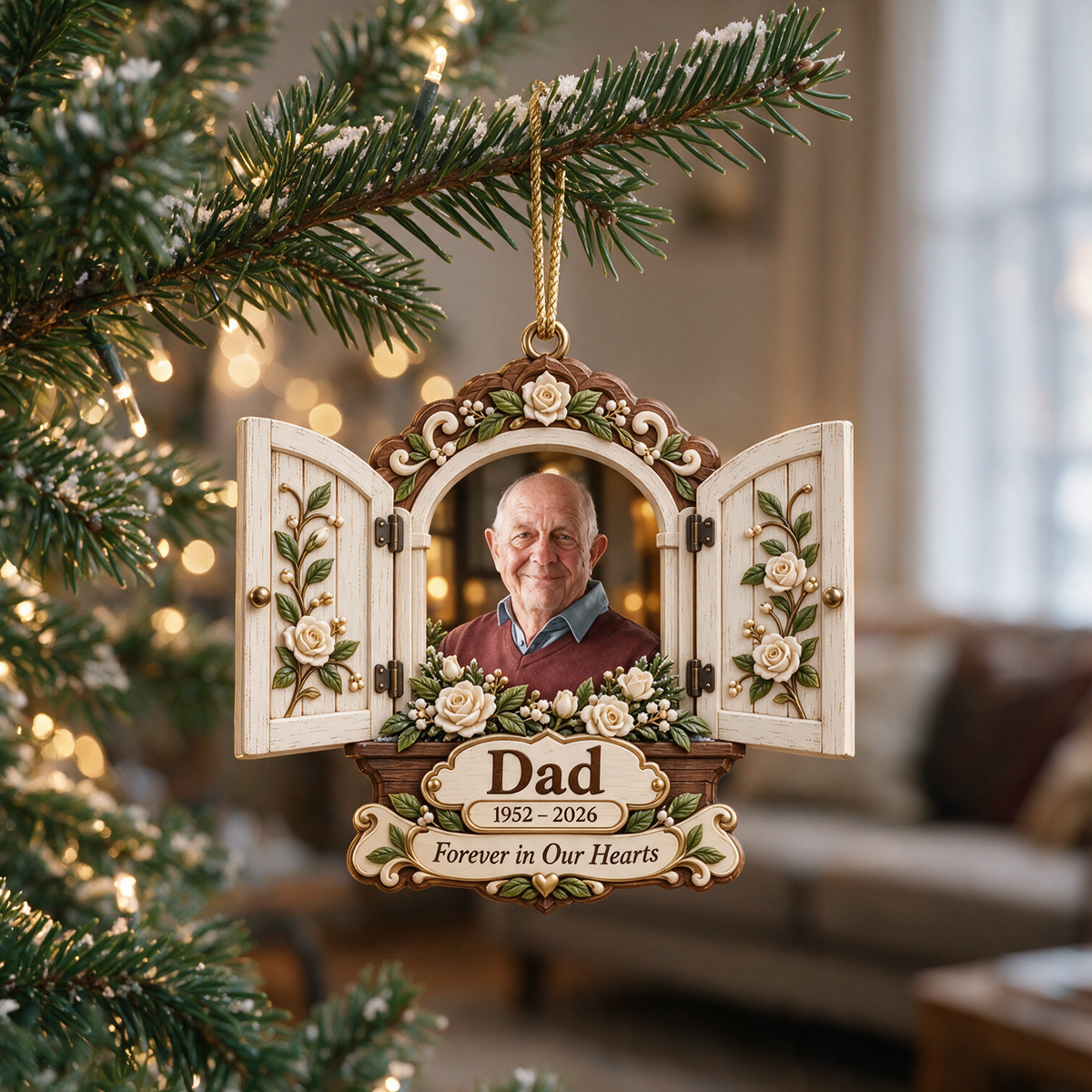Personalized Custom Photo Dad Memorial Open Window Layered Wood Ornament - Christmas Remembrance Keepsake