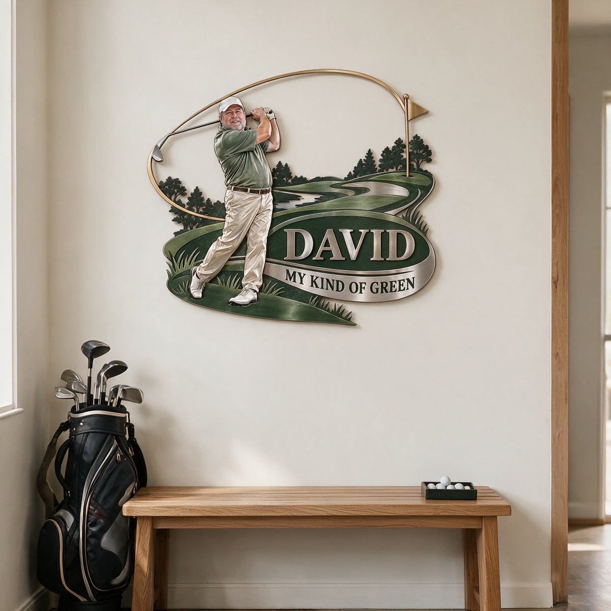Art Mural Métallique de Golf Personnalisé - Portrait et Nom, Décor de Golfeur