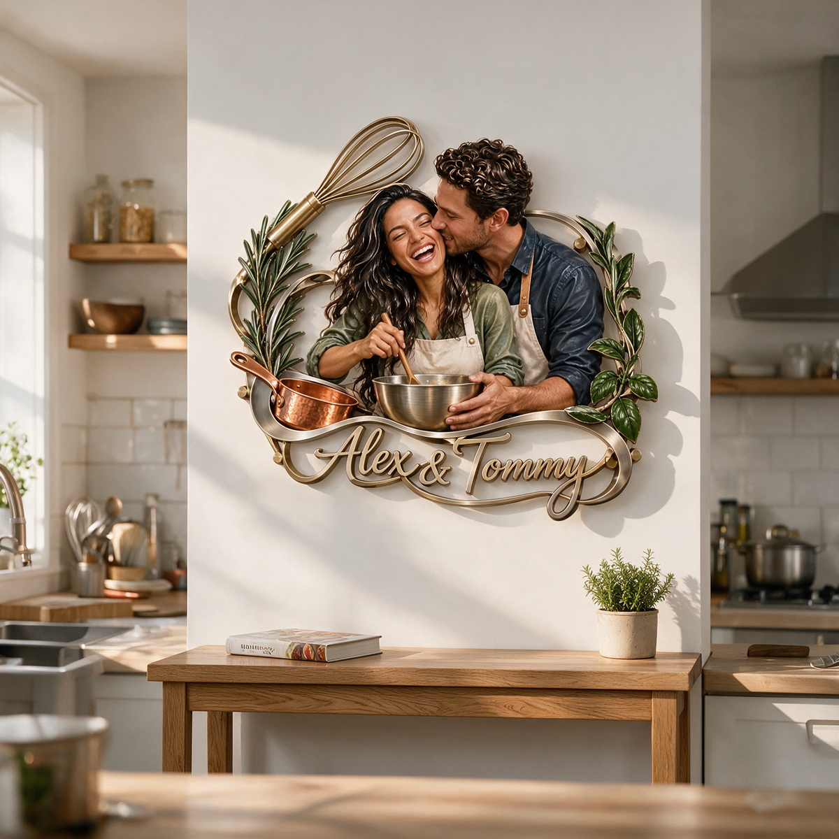 Personalized Custom Photo Cooking Couple 3D Metal Wall Art - Kitchen Decor Gift for Young Couples