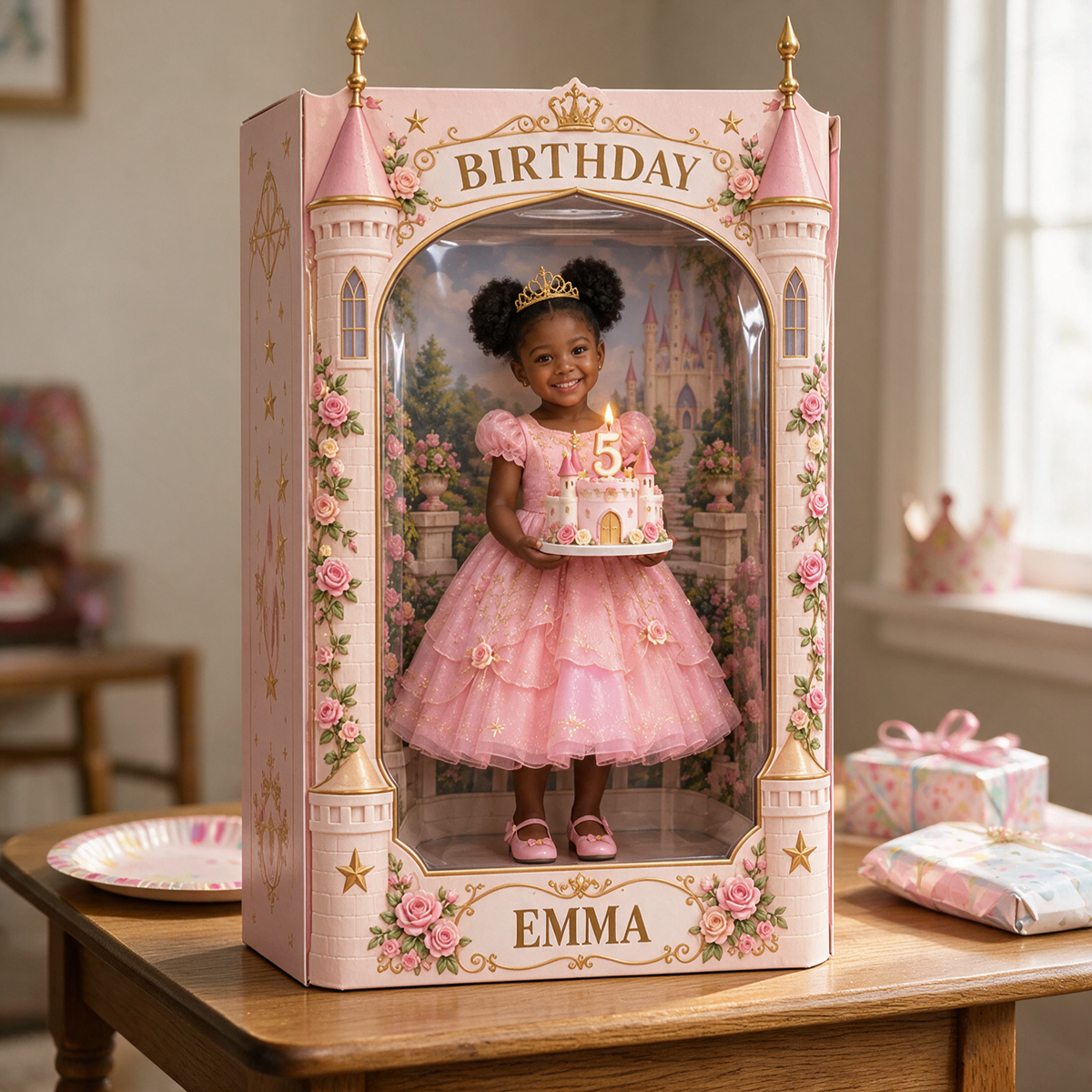 Boîte d'affichage acrylique personnalisée avec photo de château - Cadeau d'anniversaire pour filles