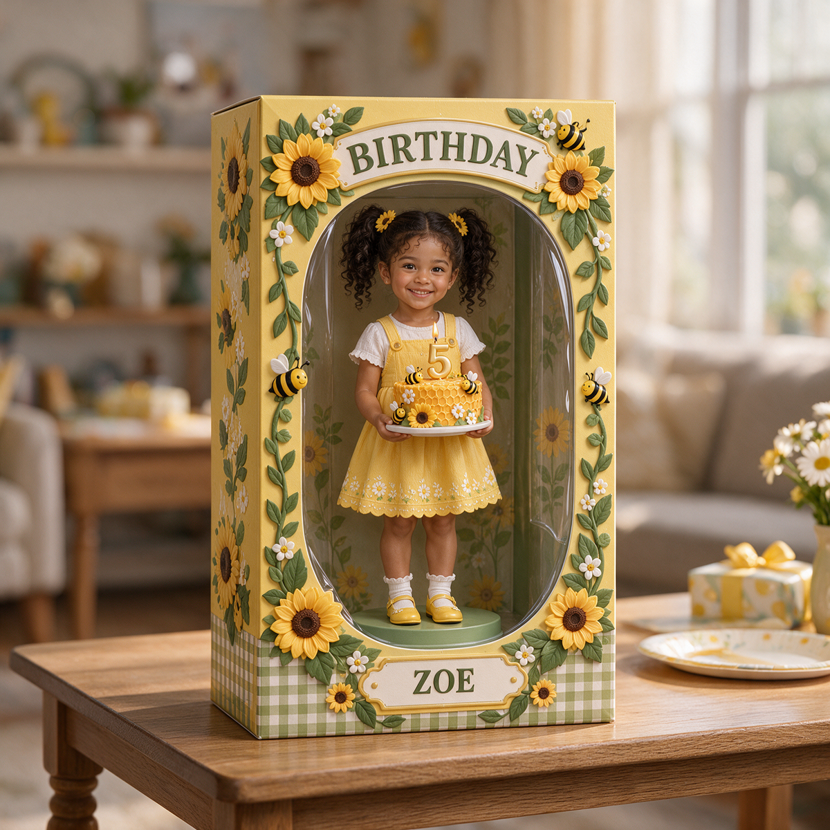 Boîte d'Affichage Acrylique Personnalisée Photo Tournesol Abeille - Cadeau d'Anniversaire pour Filles