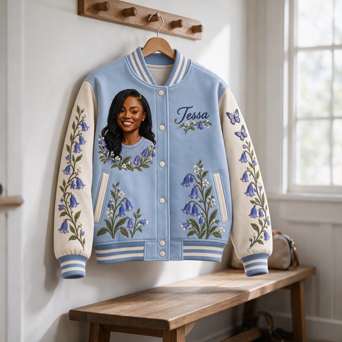 Personalized Bluebell Varsity Jacket for Women - Embroidered Portrait and Name
