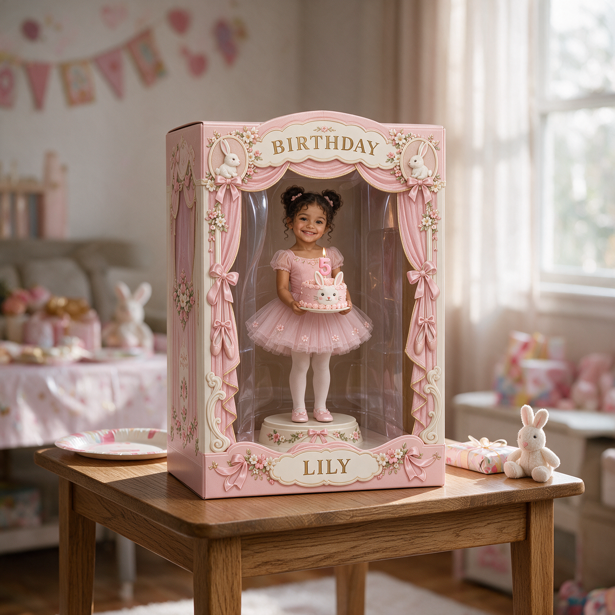 Personalized Custom Photo Bunny Acrylic Display Box - 5th Birthday Gift for Girls