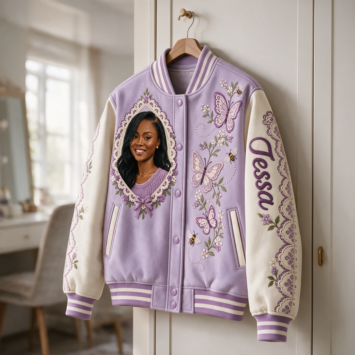 Personalized Butterfly Lace Varsity Jacket - Women's Portrait and Name