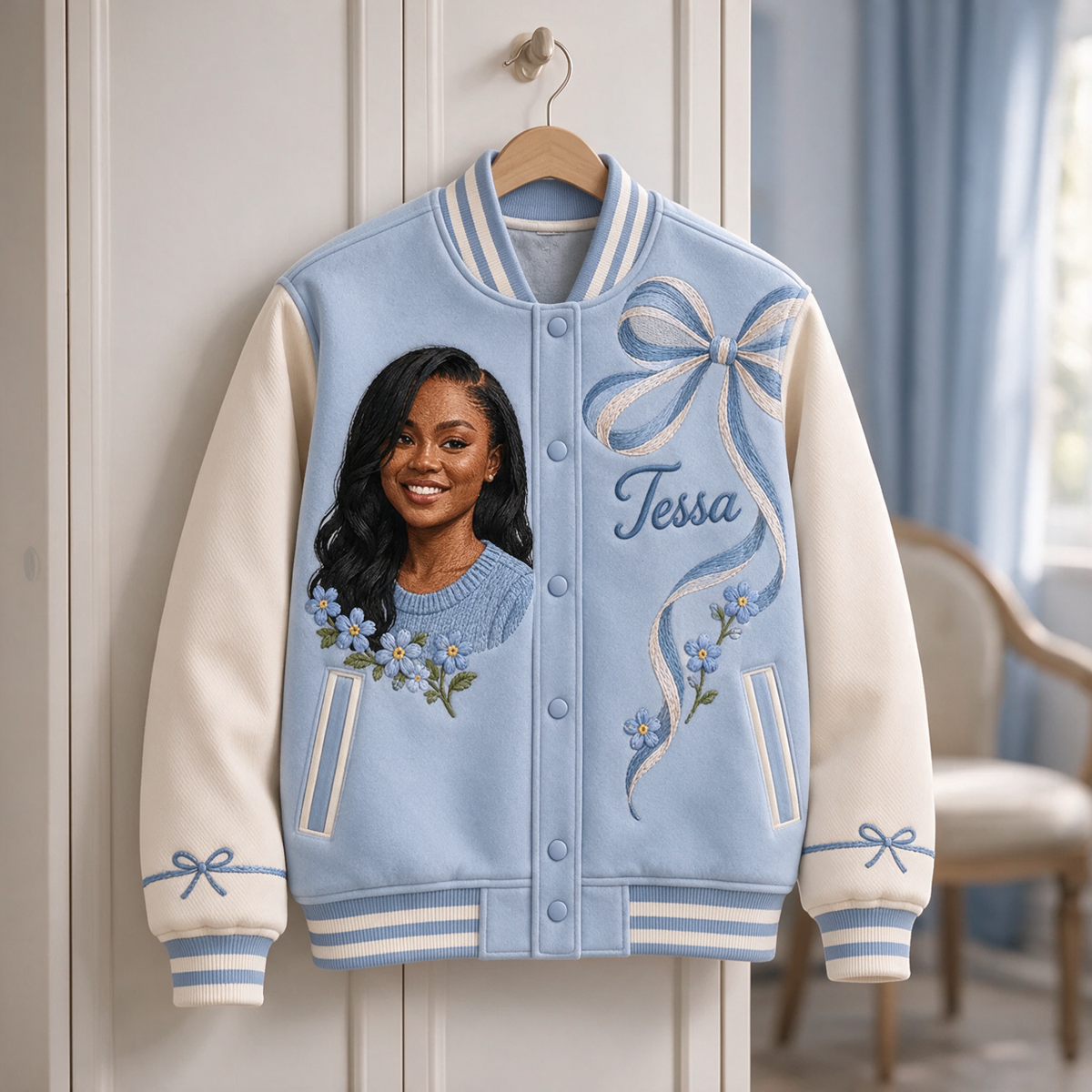 Veste Varsity Personnalisée Bleu avec Nœud - Cadeau d'Anniversaire Femme