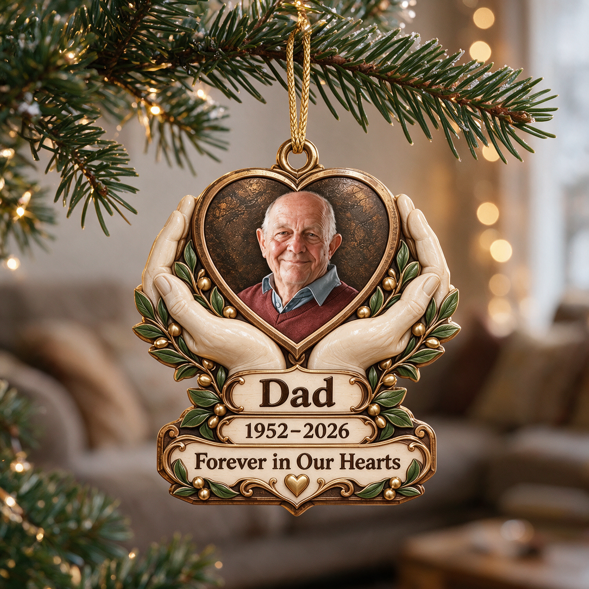 Personalized Custom Photo Dad Memorial Hands Holding Heart 3D Ornament - Christmas Remembrance Keepsake