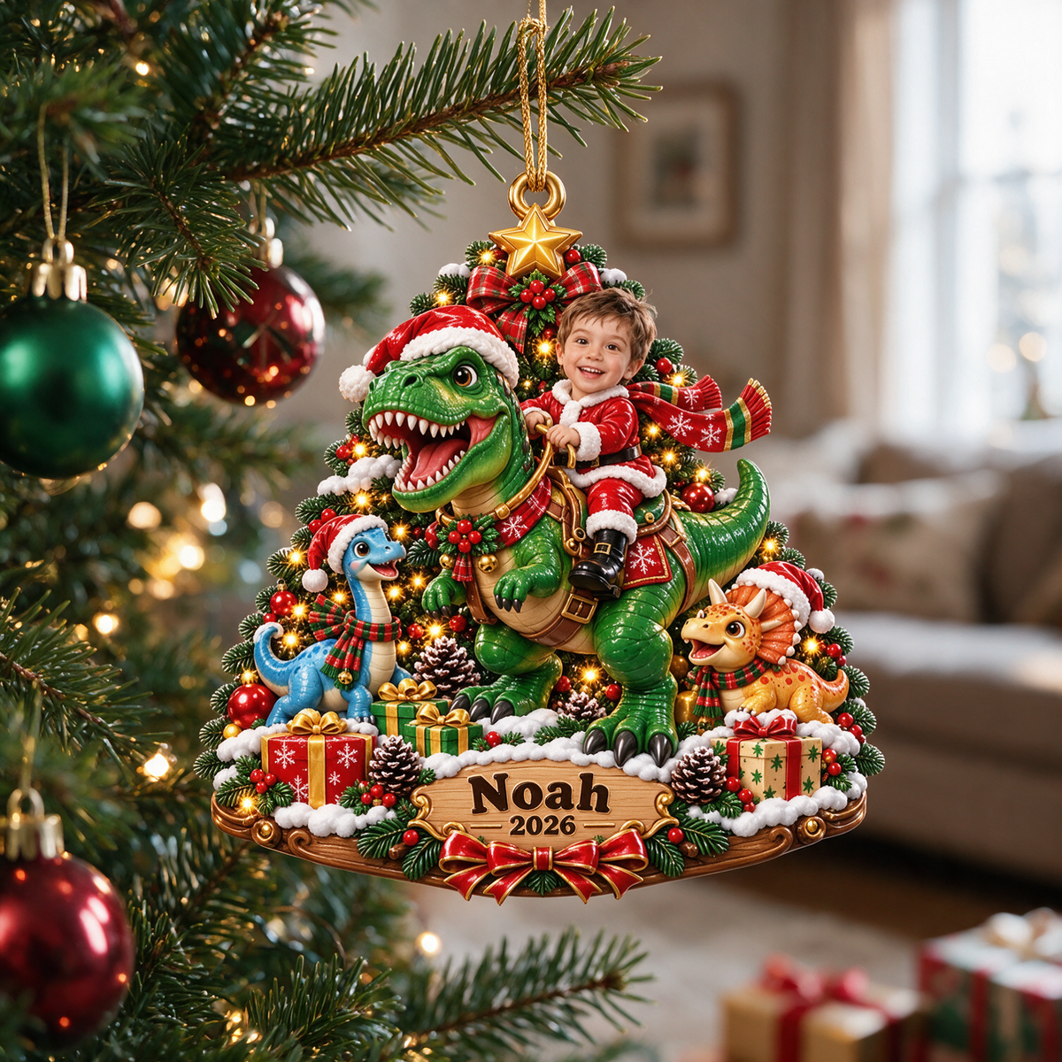 Personalized Custom Photo Dinosaur 3D Ornament - 2026 Christmas Gift for Boys