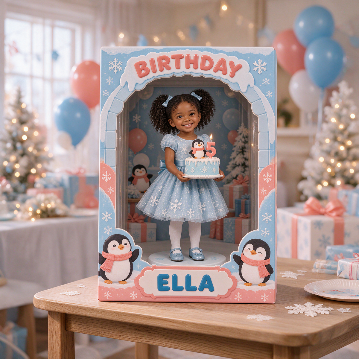 Personalized Custom Photo Penguin Acrylic Display Box - 5th Birthday Gift for Girls
