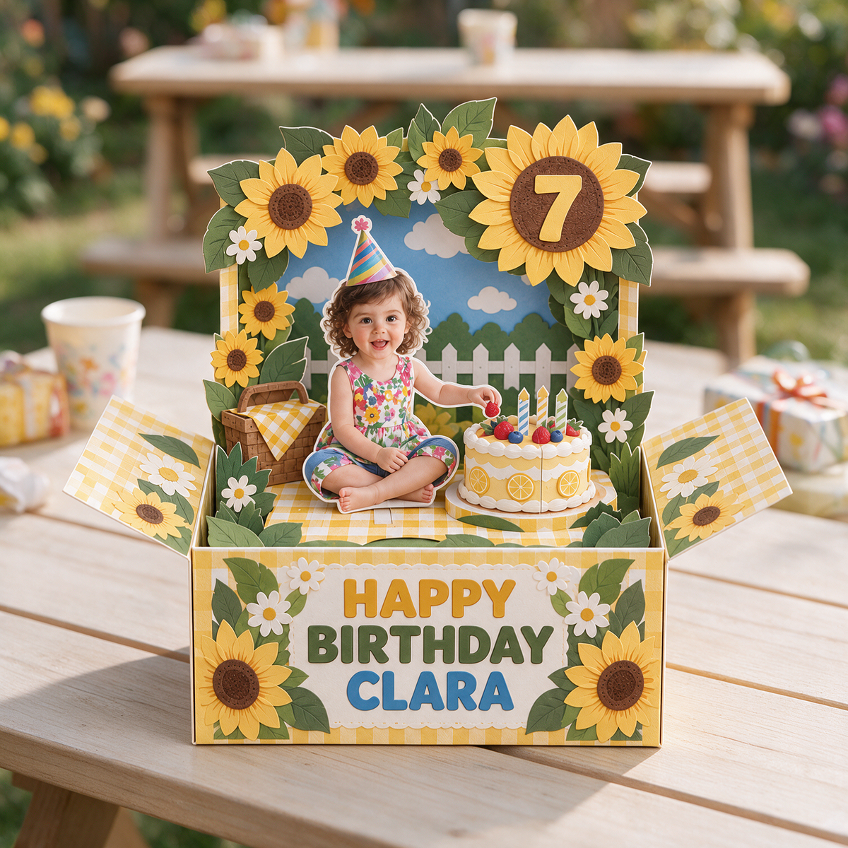 Personalized Sunflower Pop-Up Box Card - Birthday Cake Picnic with Custom Photo, Name and Age