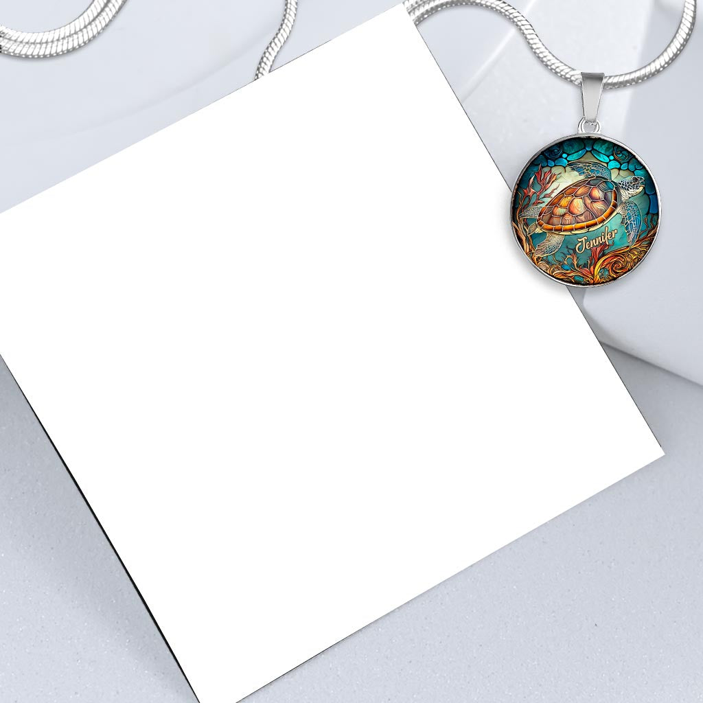 J'adore les tortues - Collier pendentif rond personnalisé en forme de tortue