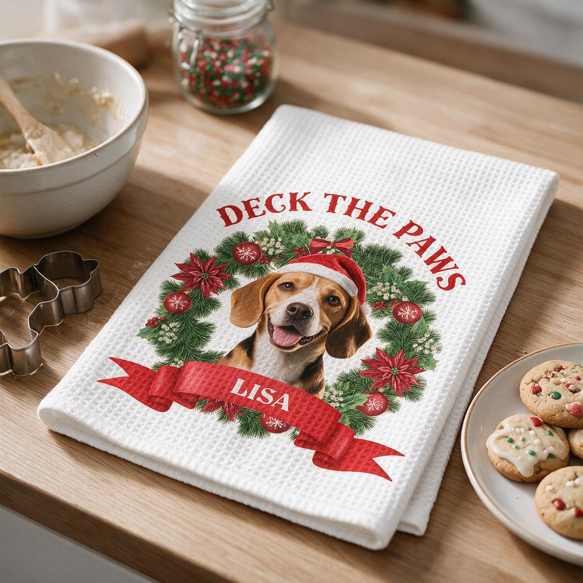 Torchon de Cuisine Beagle de Noël Personnalisé - Cadeau de Fête pour Maman Chien