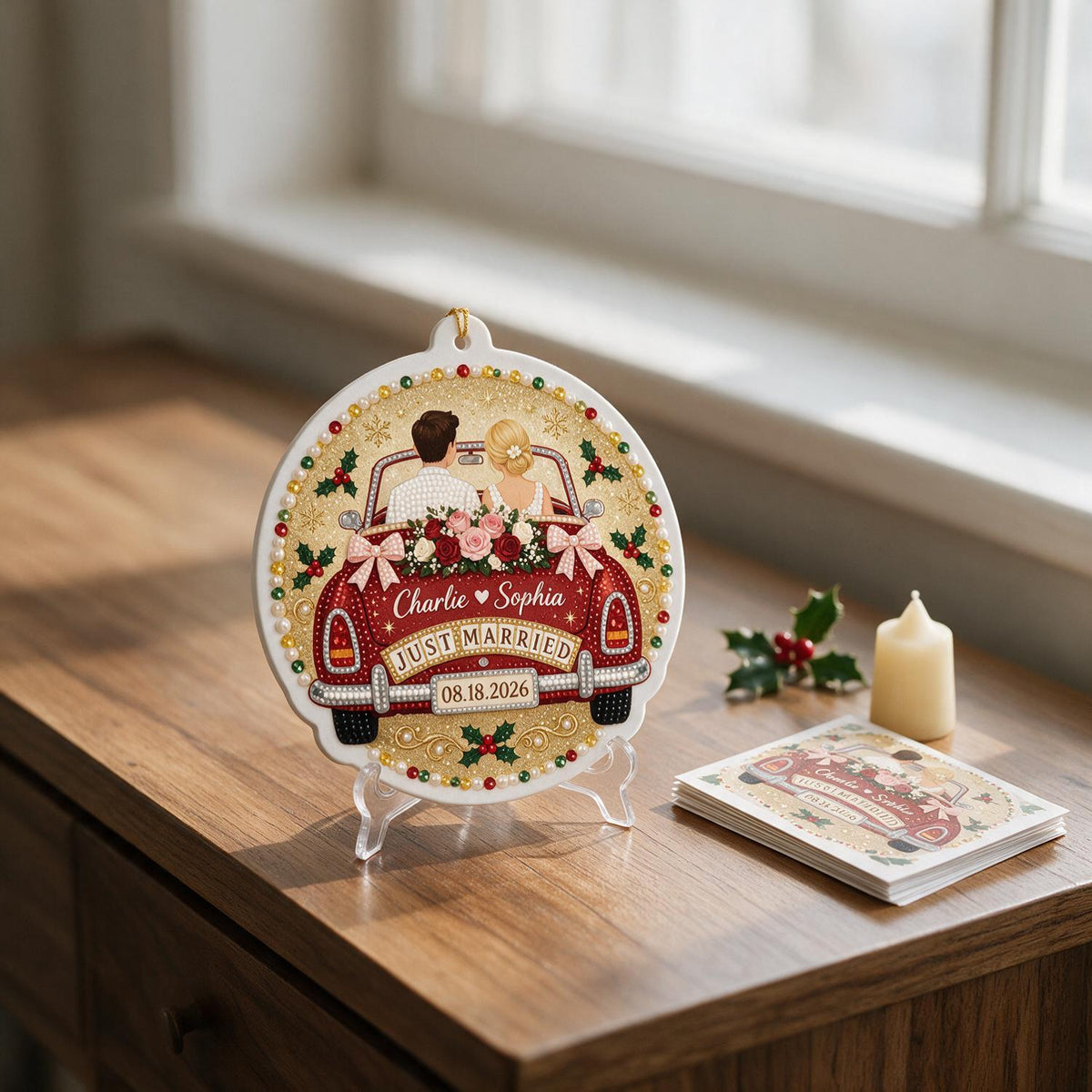 Ornement en acrylique de Noël personnalisé pour couple marié