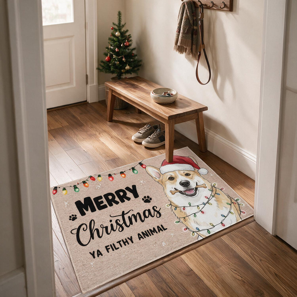 Custom Photo Christmas Smiling Corgi With Santa Hat Doormat, Merry Christmas Ya Filthy Animal
