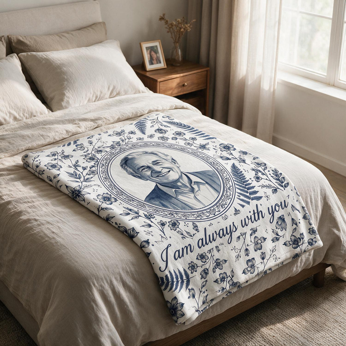 Couverture Portrait Aquarelle Toile Bleue Personnalisée - Cadeau de Sympathie