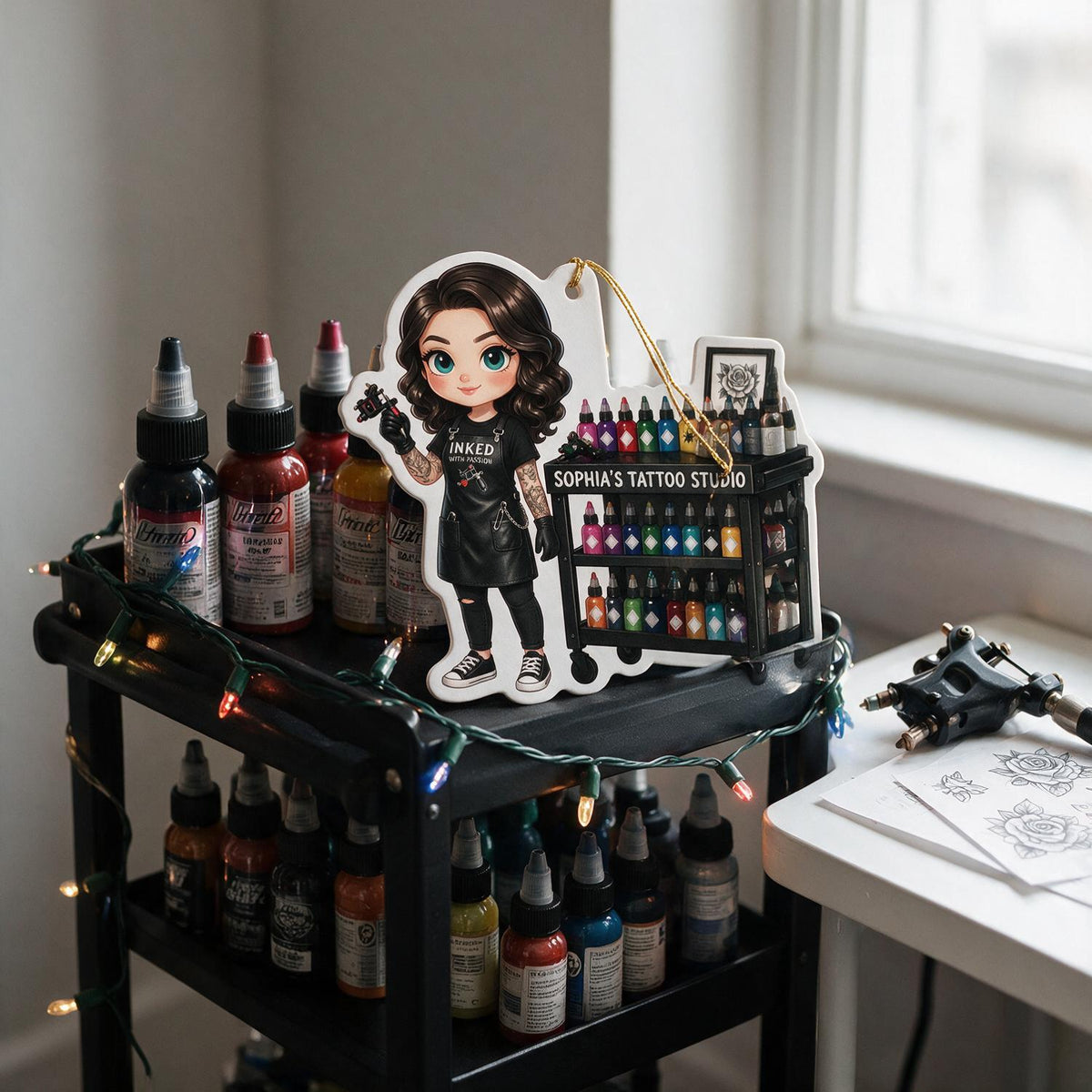Personalized Christmas Female Tattoo Artist Acrylic Ornament, Tattoo Studio Cart Ink Lover Gift