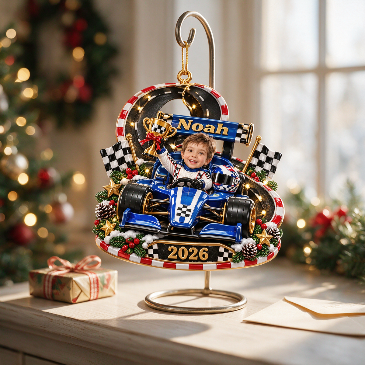 Personalized Custom Photo Race Car 3D Ornament - 2026 Christmas Gift for Boys