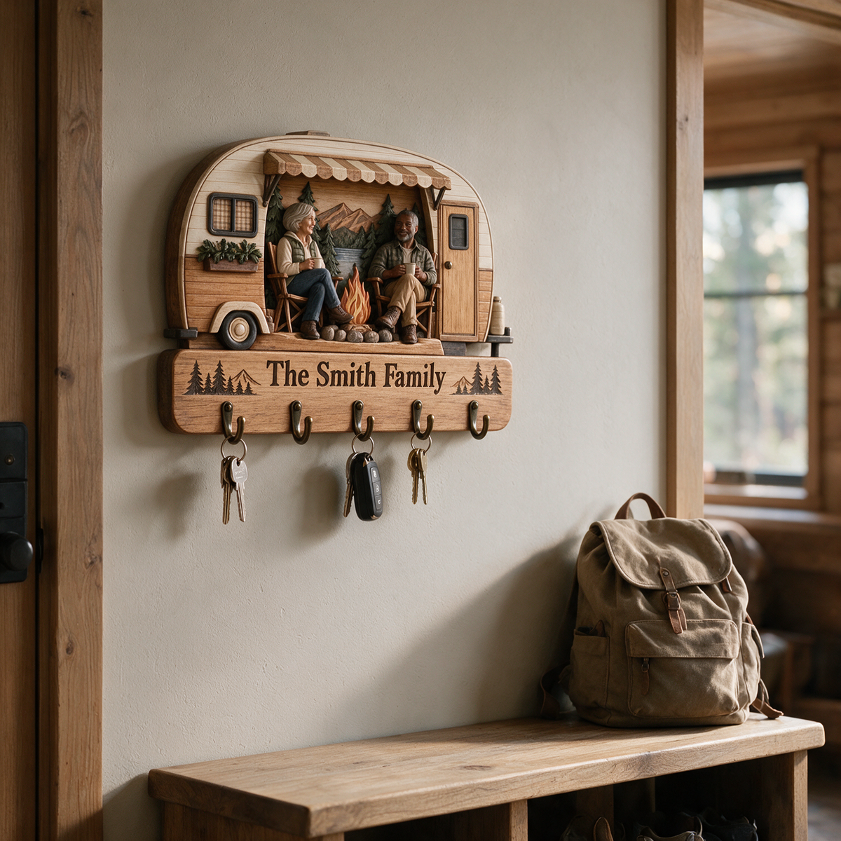 Personalized Camping Key Rack - Camper Shape with 5 Hooks