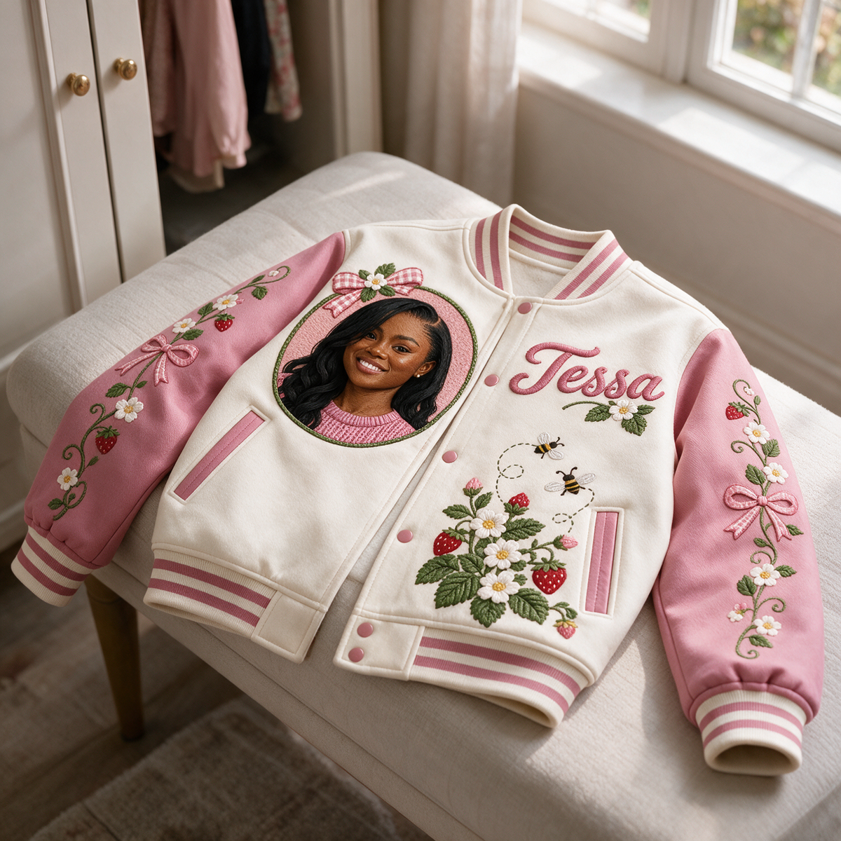 Personalized Strawberry Bow Varsity Jacket - Women's Birthday Gift with Portrait and Name