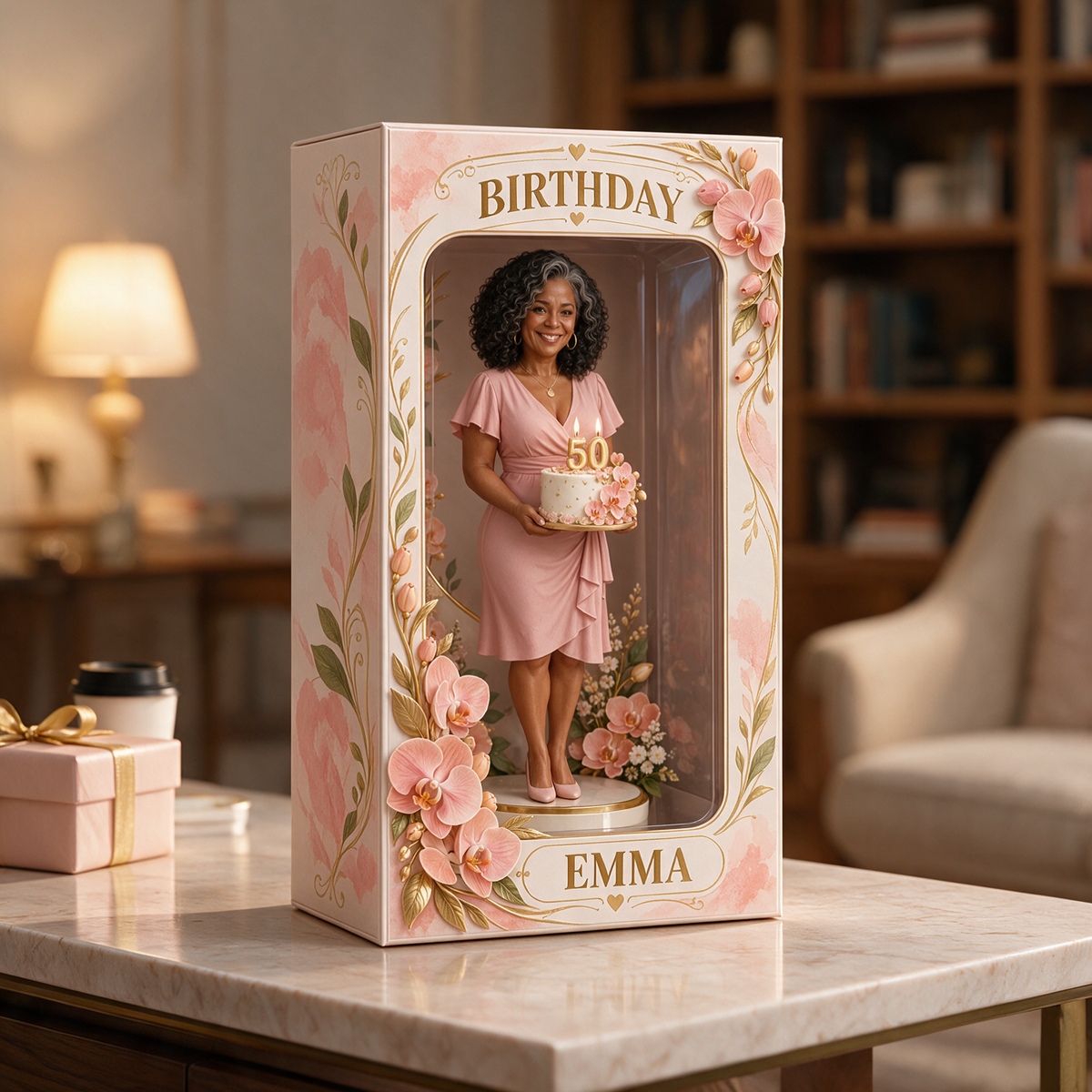Personalized Custom Photo Peach Orchid Figurine in Acrylic Display Box - 50th Birthday Gift for Women